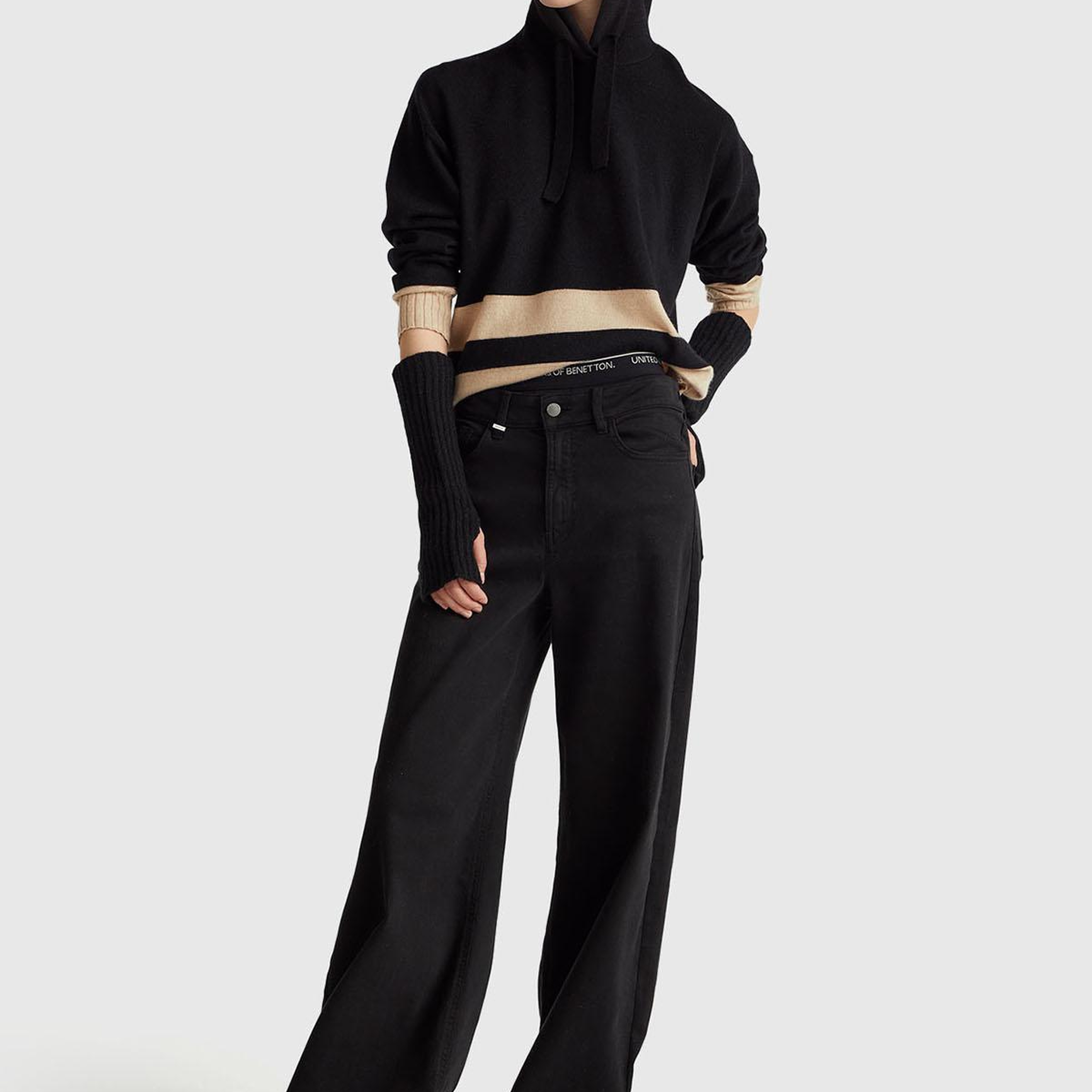 Kadın Sİyah Yün ve Kaşmir Karışımlı Kapüşonlu Kazak