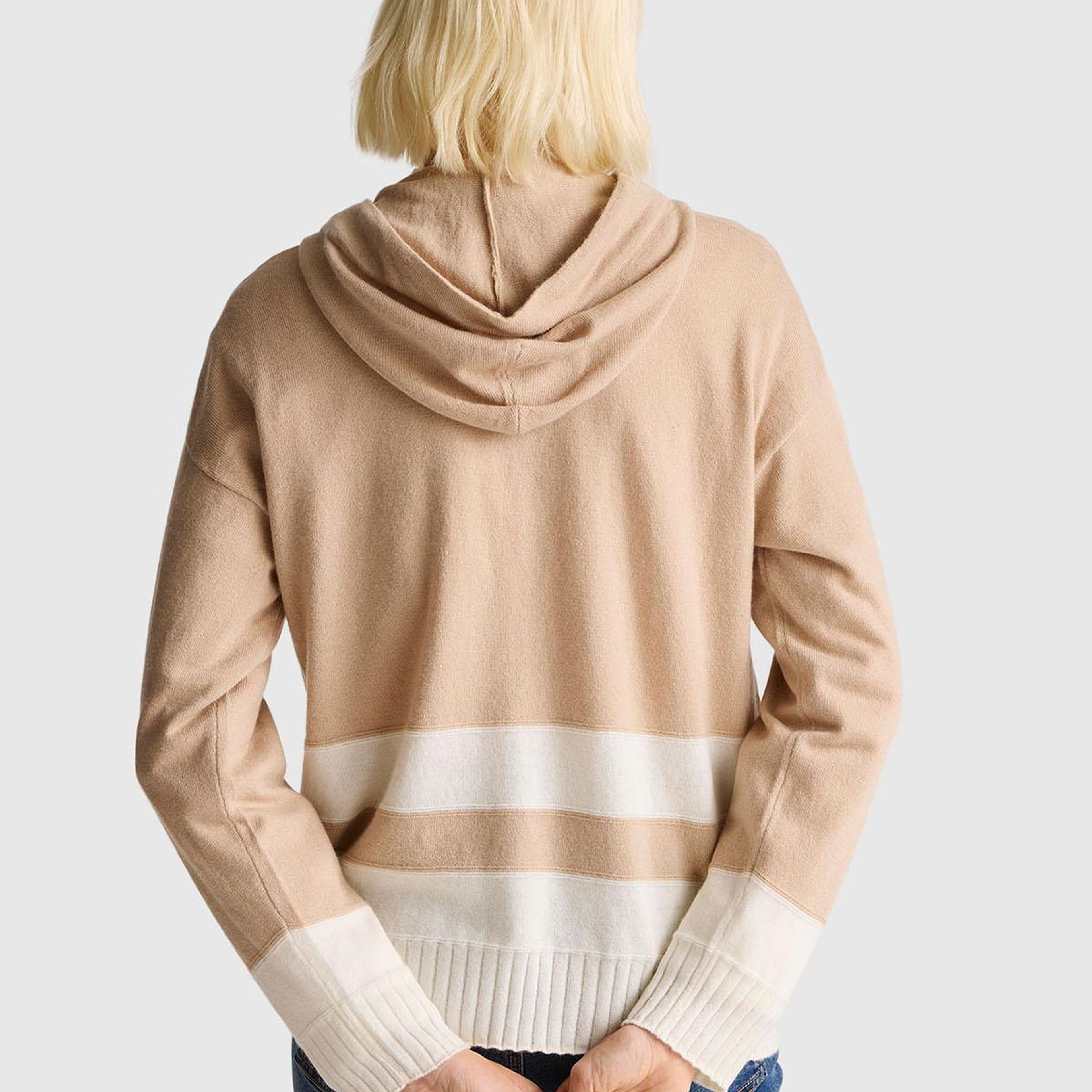 Kadın Bej Yün ve Kaşmir Karışımlı Kapüşonlu Kazak