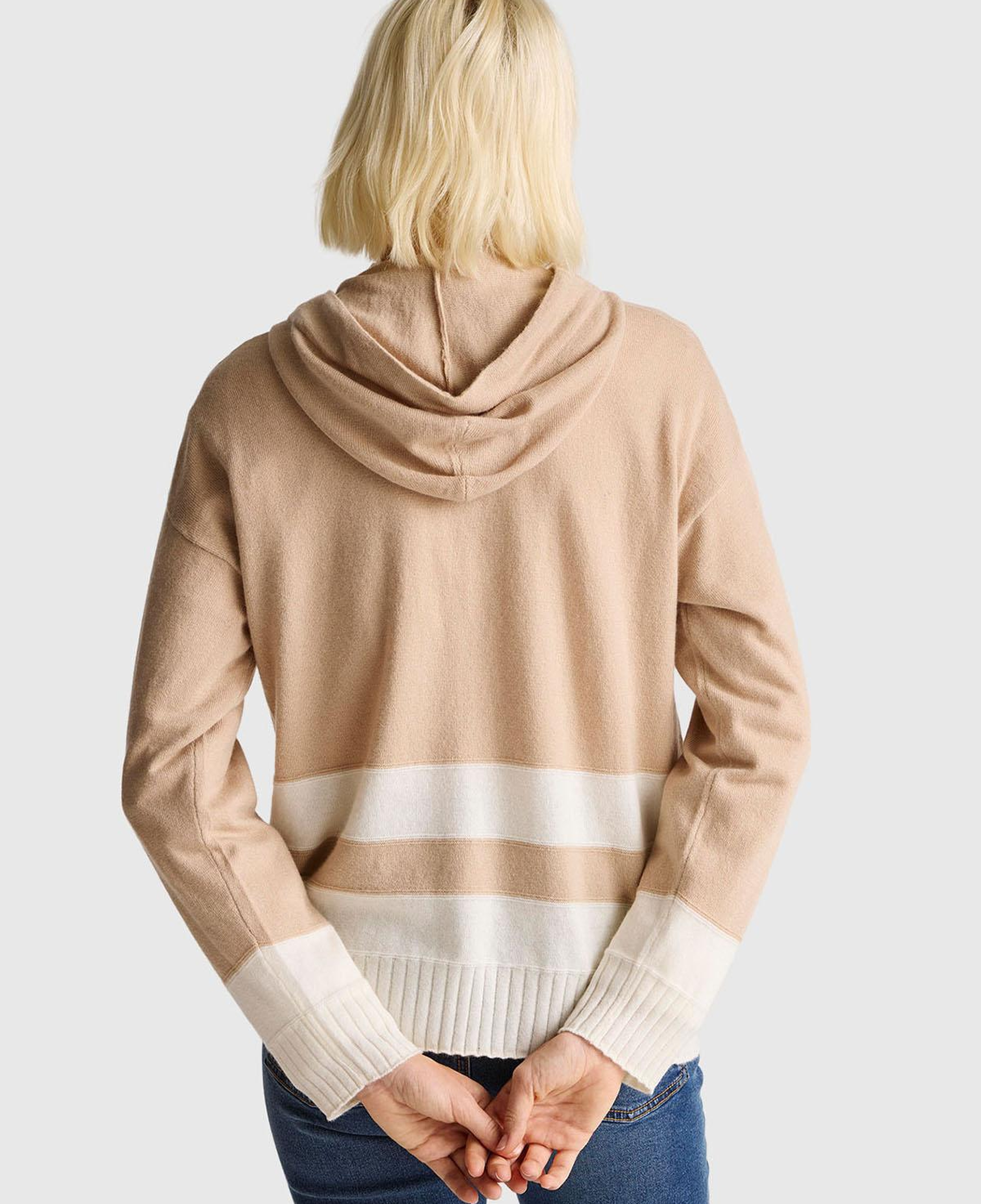 Kadın Bej Yün ve Kaşmir Karışımlı Kapüşonlu Kazak