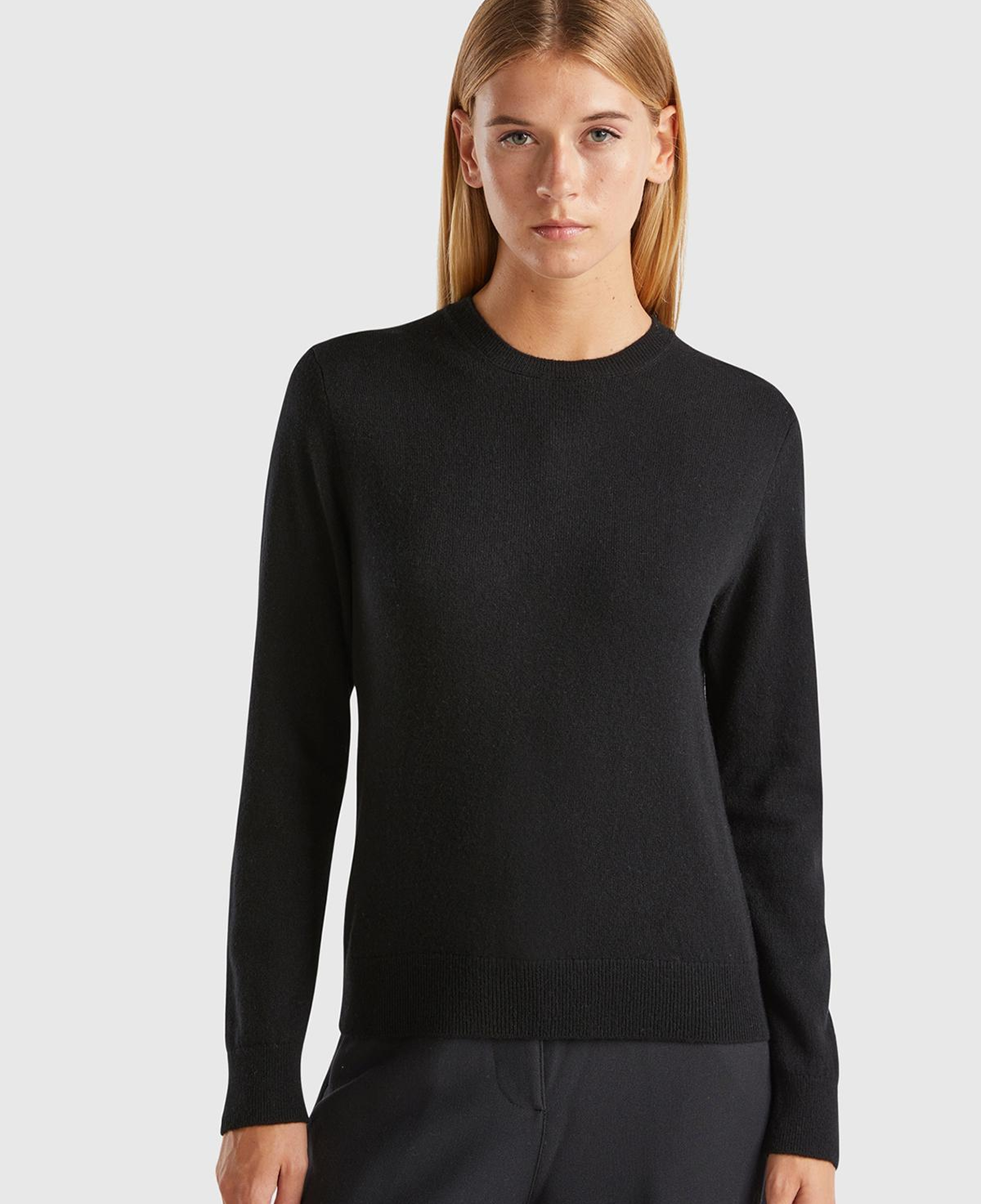 Kadın Siyah %100 Kaşmir Bisiklet Yaka Düz Kazak