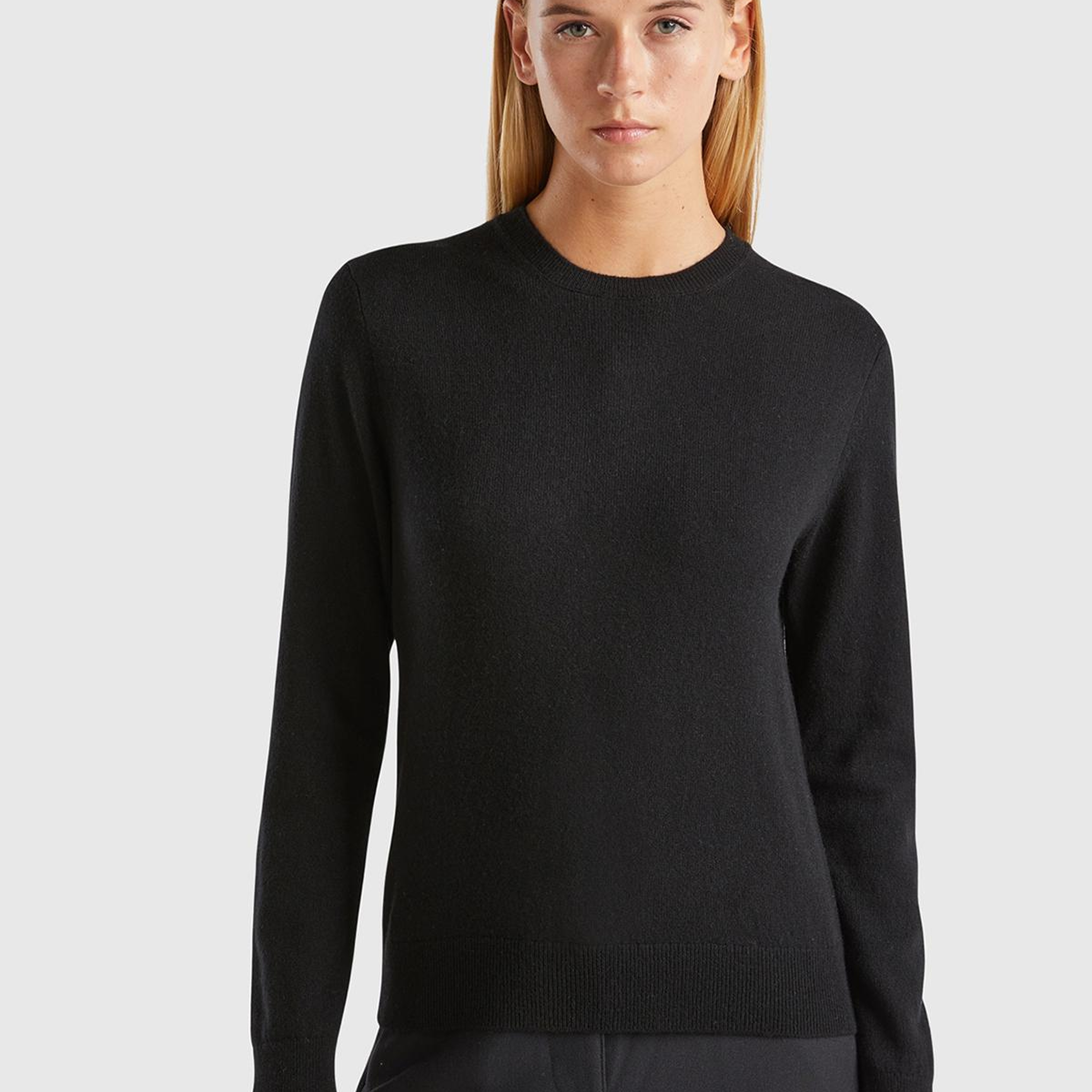 Kadın Siyah %100 Kaşmir Bisiklet Yaka Düz Kazak