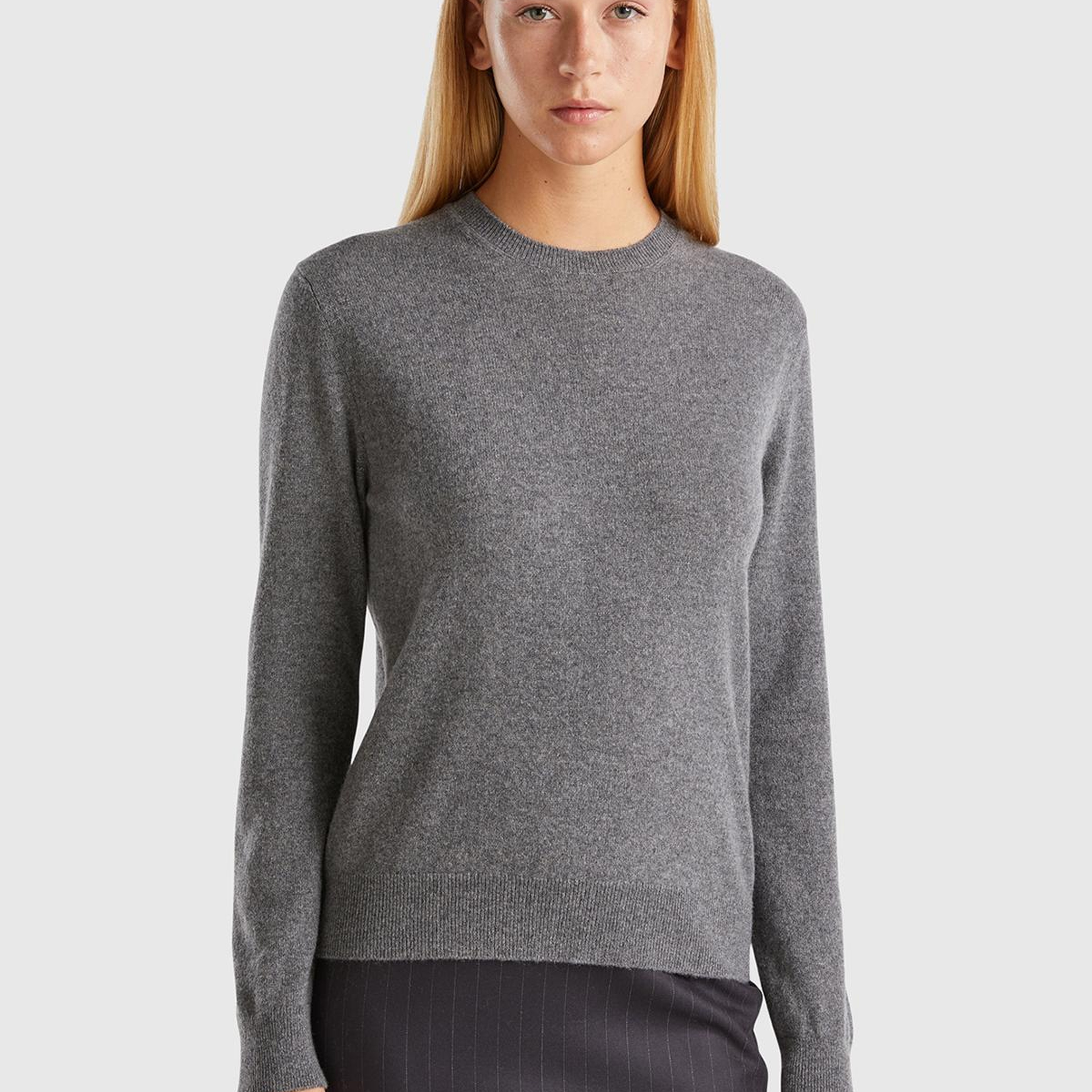 Kadın Antrasit Melanj %100 Kaşmir Bisiklet Yaka Düz Kazak