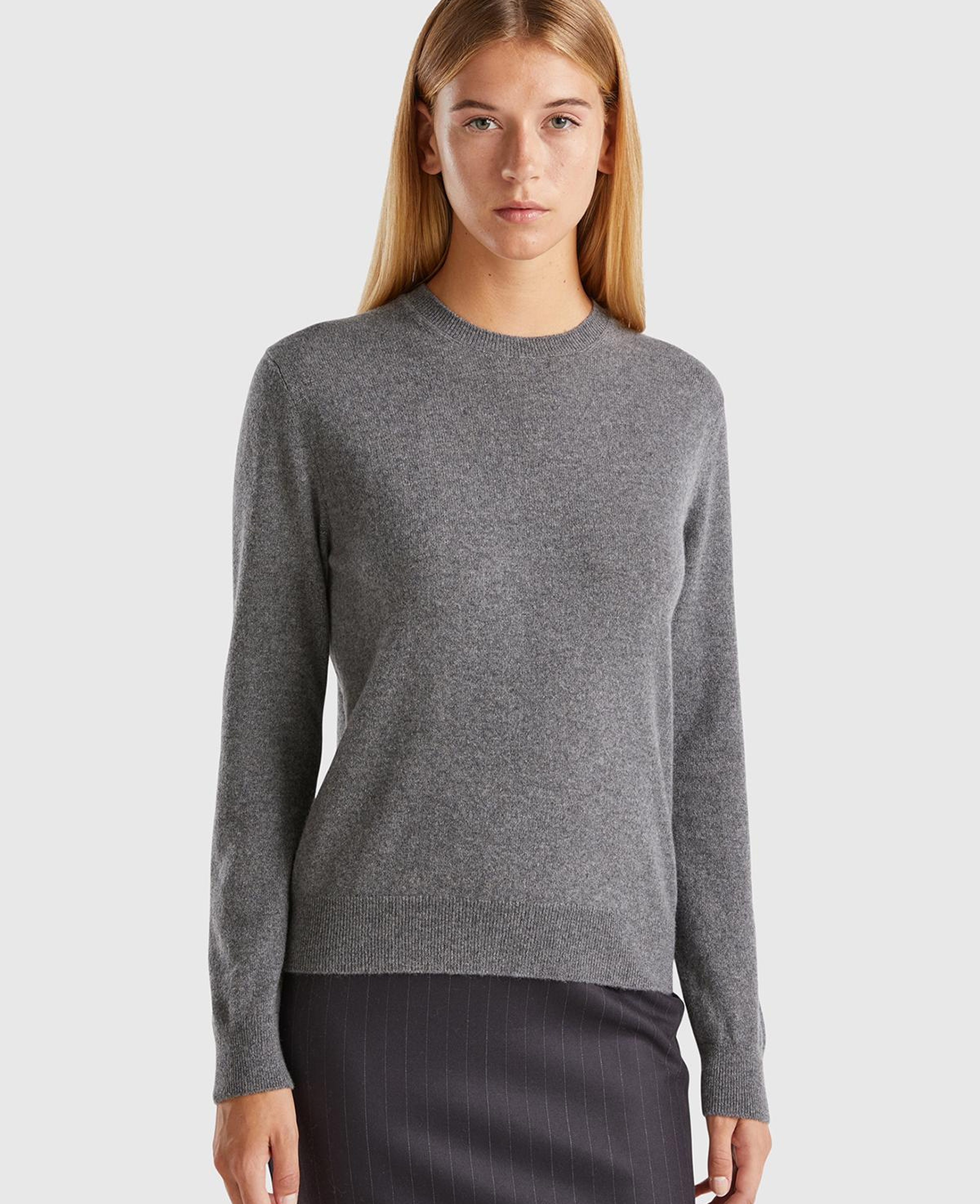 Kadın Antrasit Melanj %100 Kaşmir Bisiklet Yaka Düz Kazak