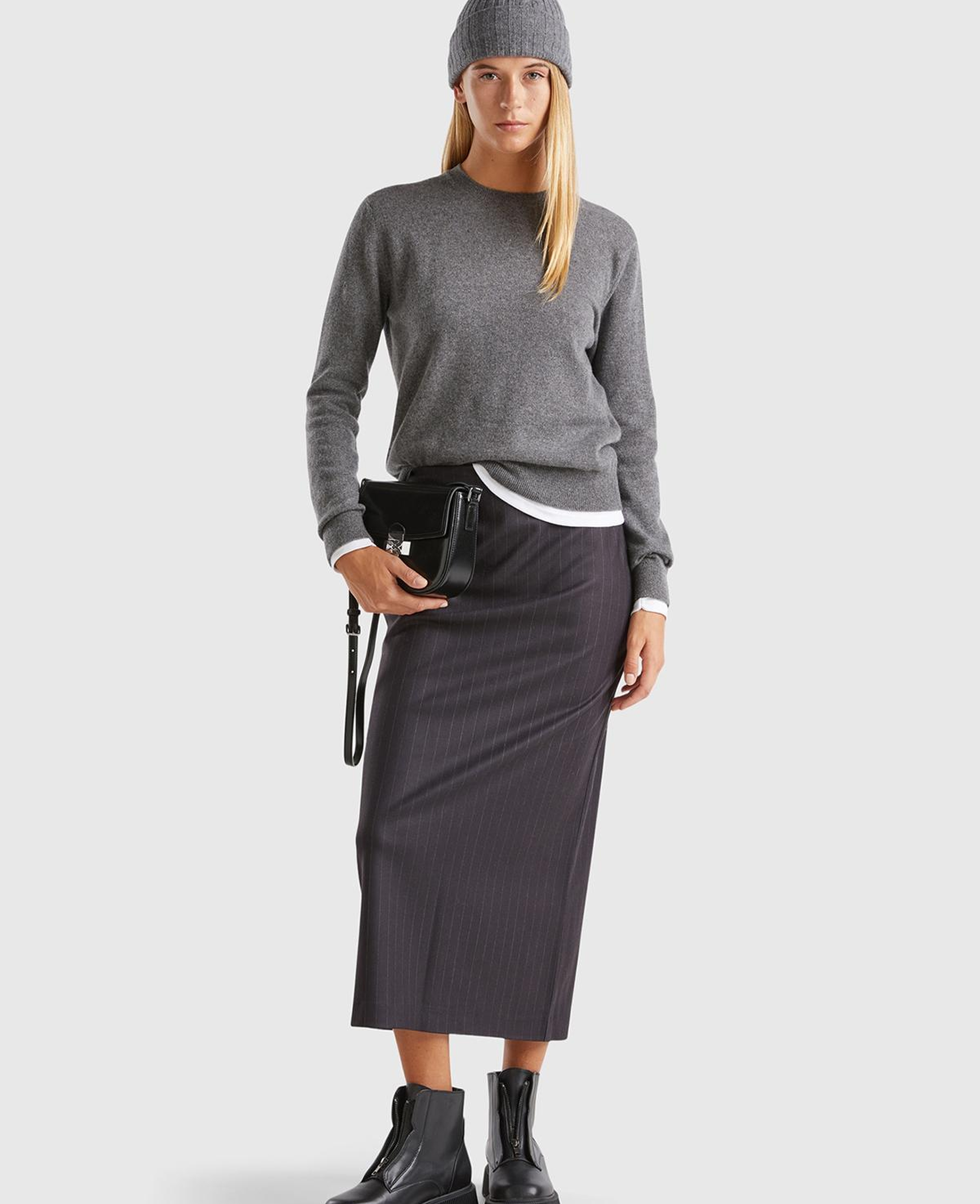 Kadın Antrasit Melanj %100 Kaşmir Bisiklet Yaka Düz Kazak