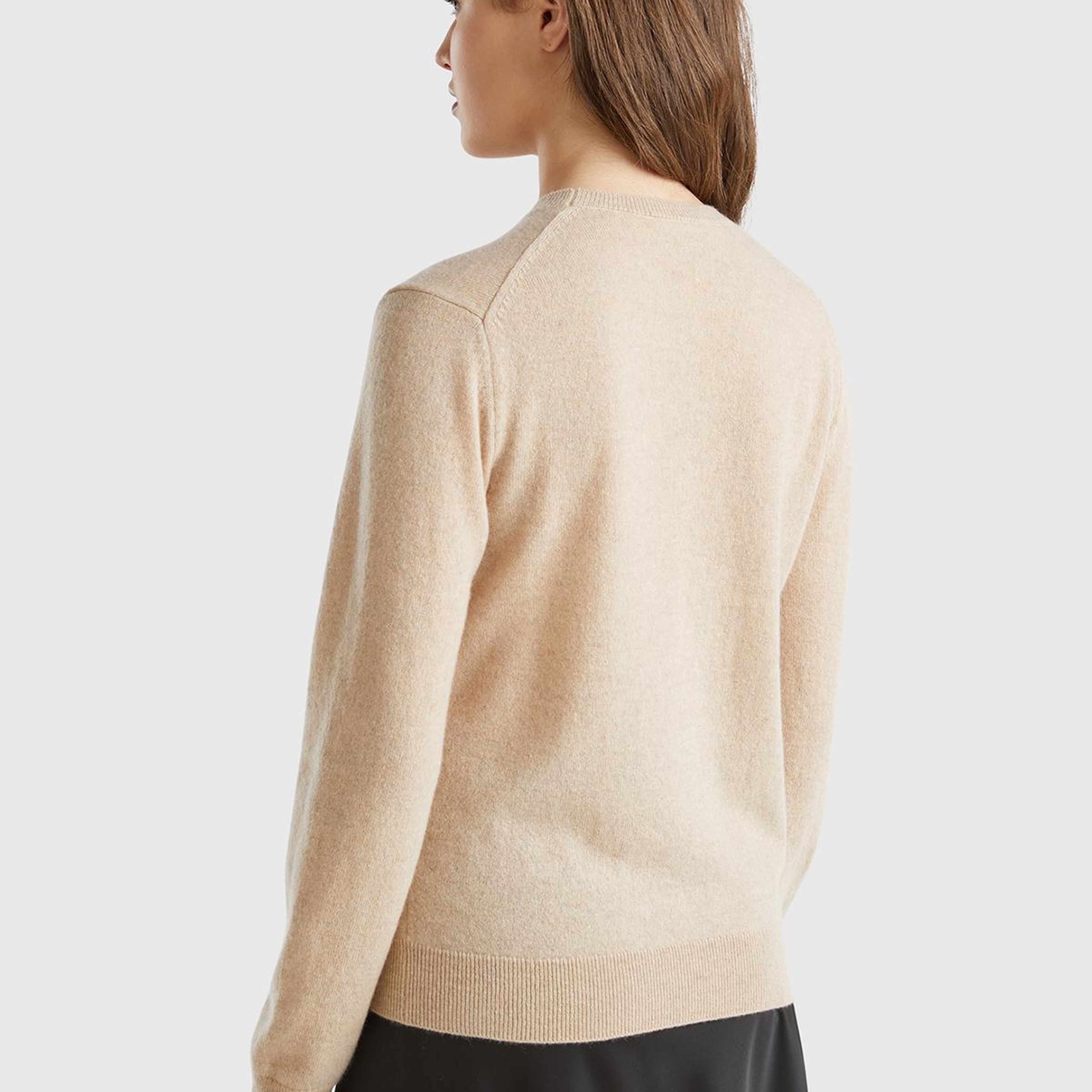 Kadın Ekru %100 Kaşmir Bisiklet Yaka Düz Kazak