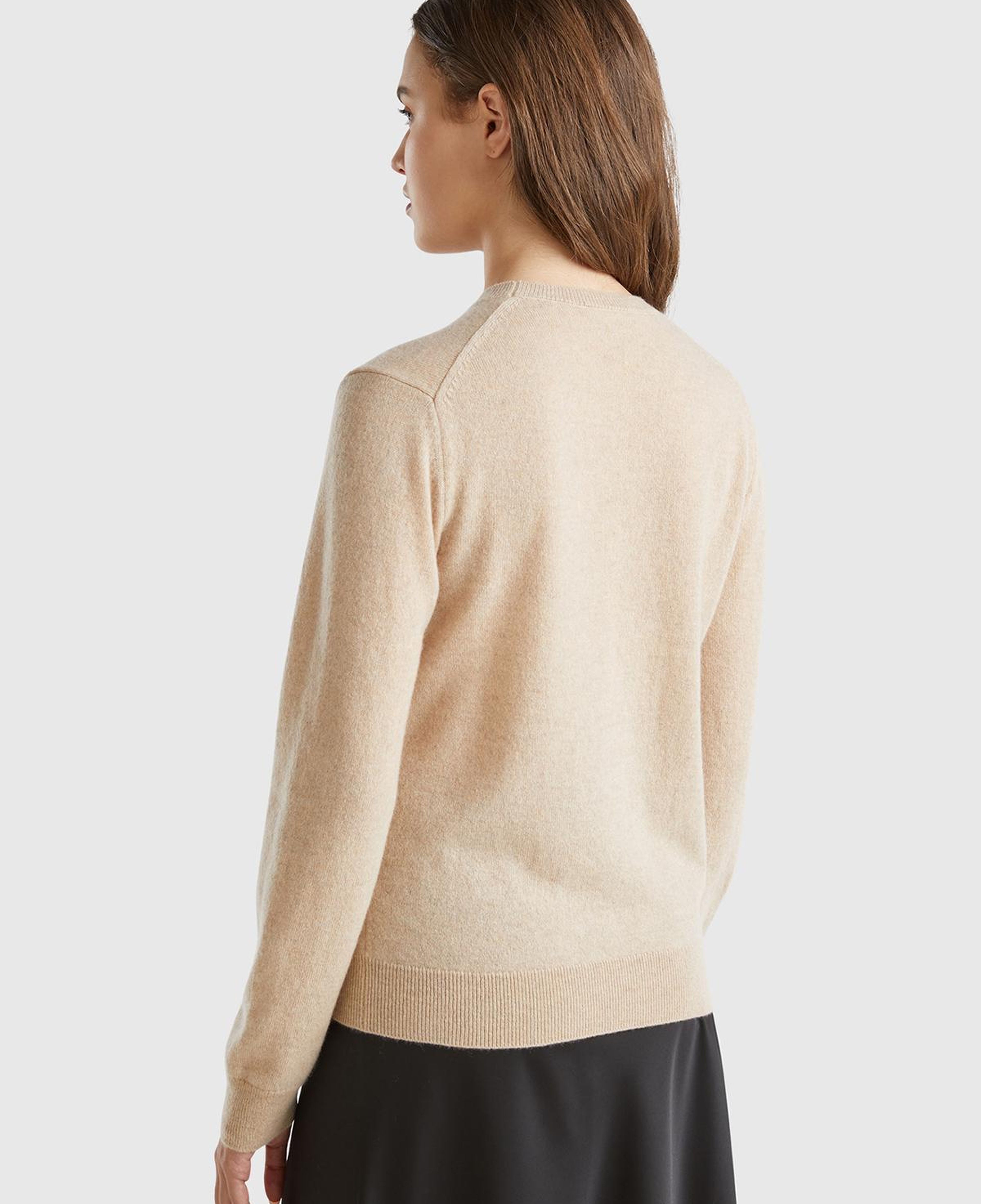 Kadın Ekru %100 Kaşmir Bisiklet Yaka Düz Kazak