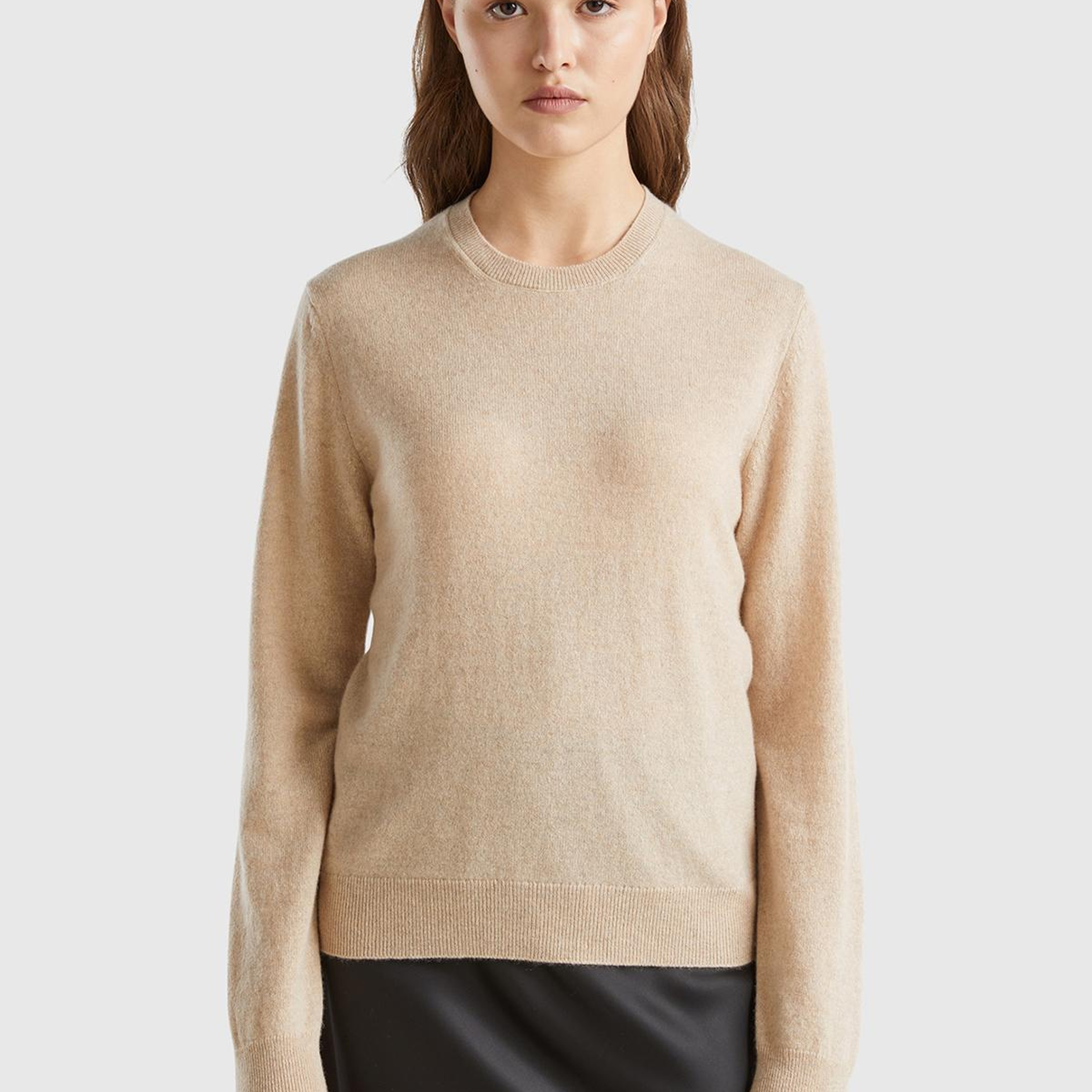 Kadın Ekru %100 Kaşmir Bisiklet Yaka Düz Kazak