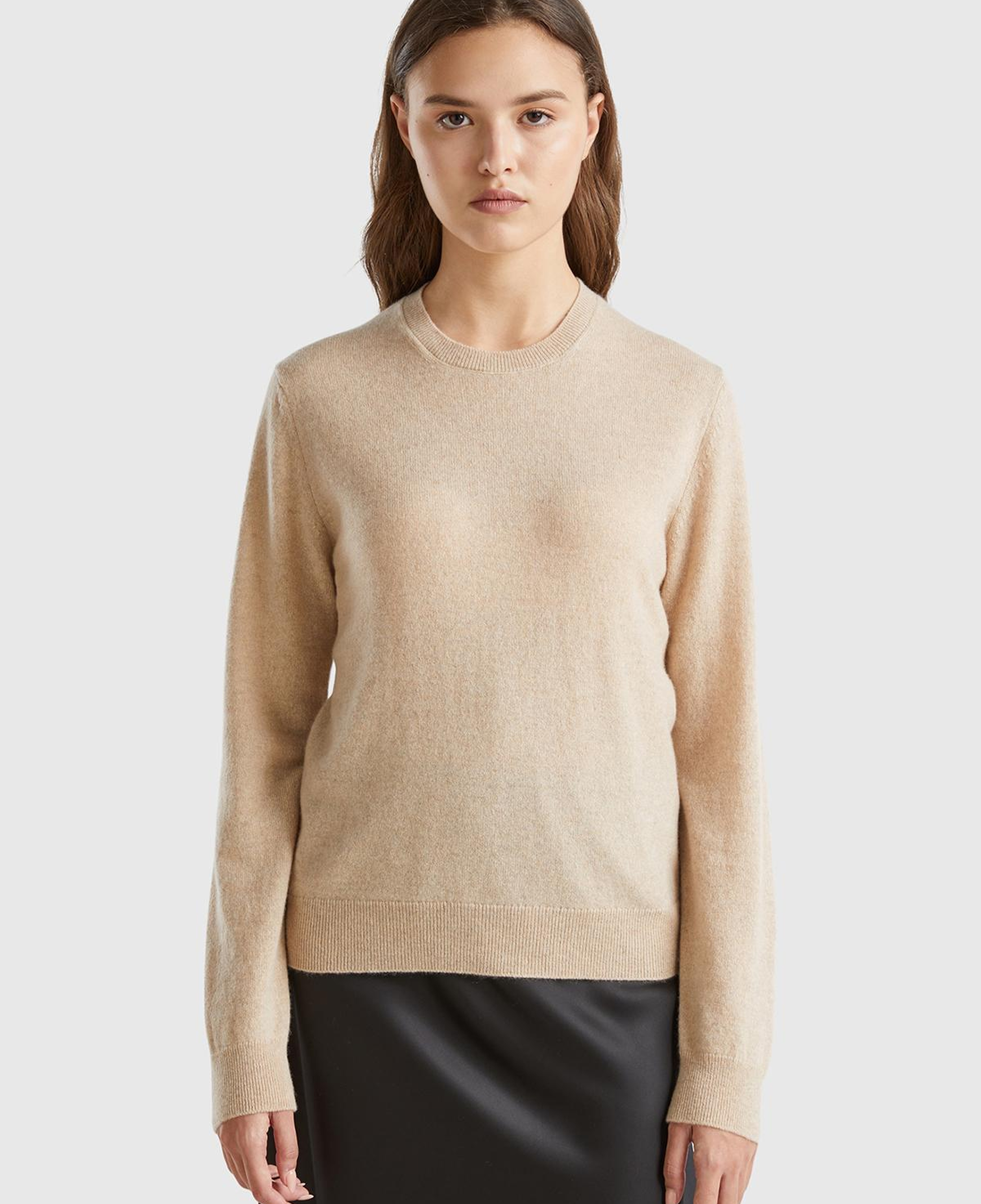 Kadın Ekru %100 Kaşmir Bisiklet Yaka Düz Kazak