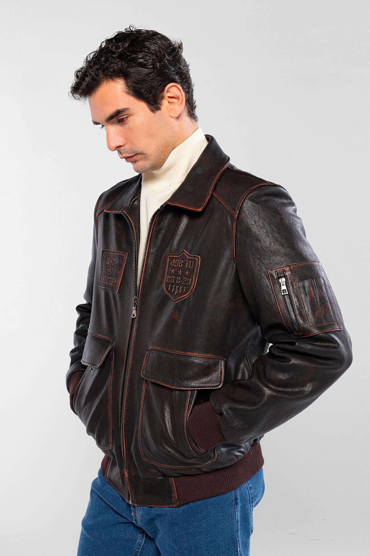 Tamer Tanca Erkek Hakiki Deri Kızıl Eskitme Deri Mont