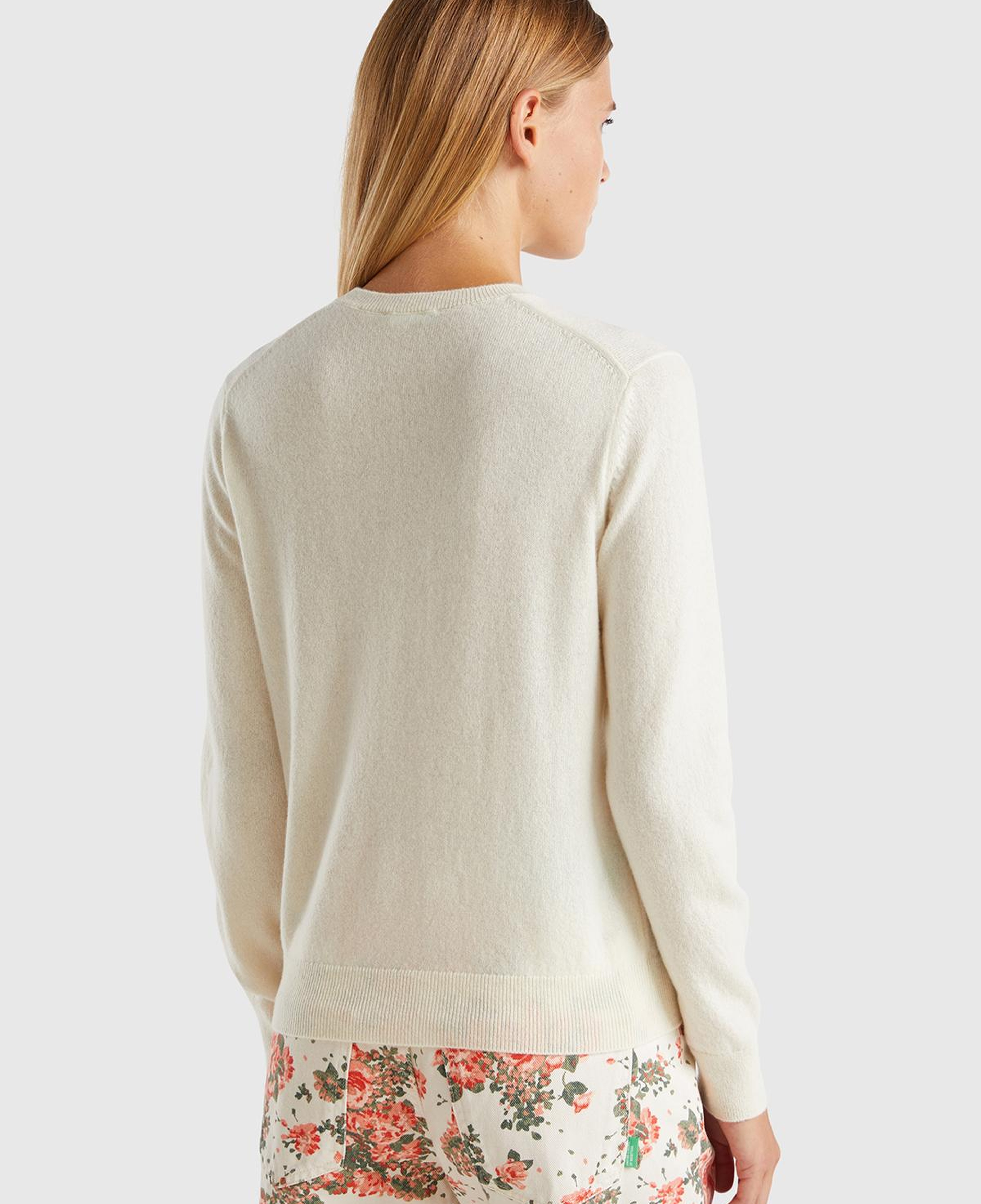 Kadın Krem %100 Kaşmir Bisiklet Yaka Düz Kazak