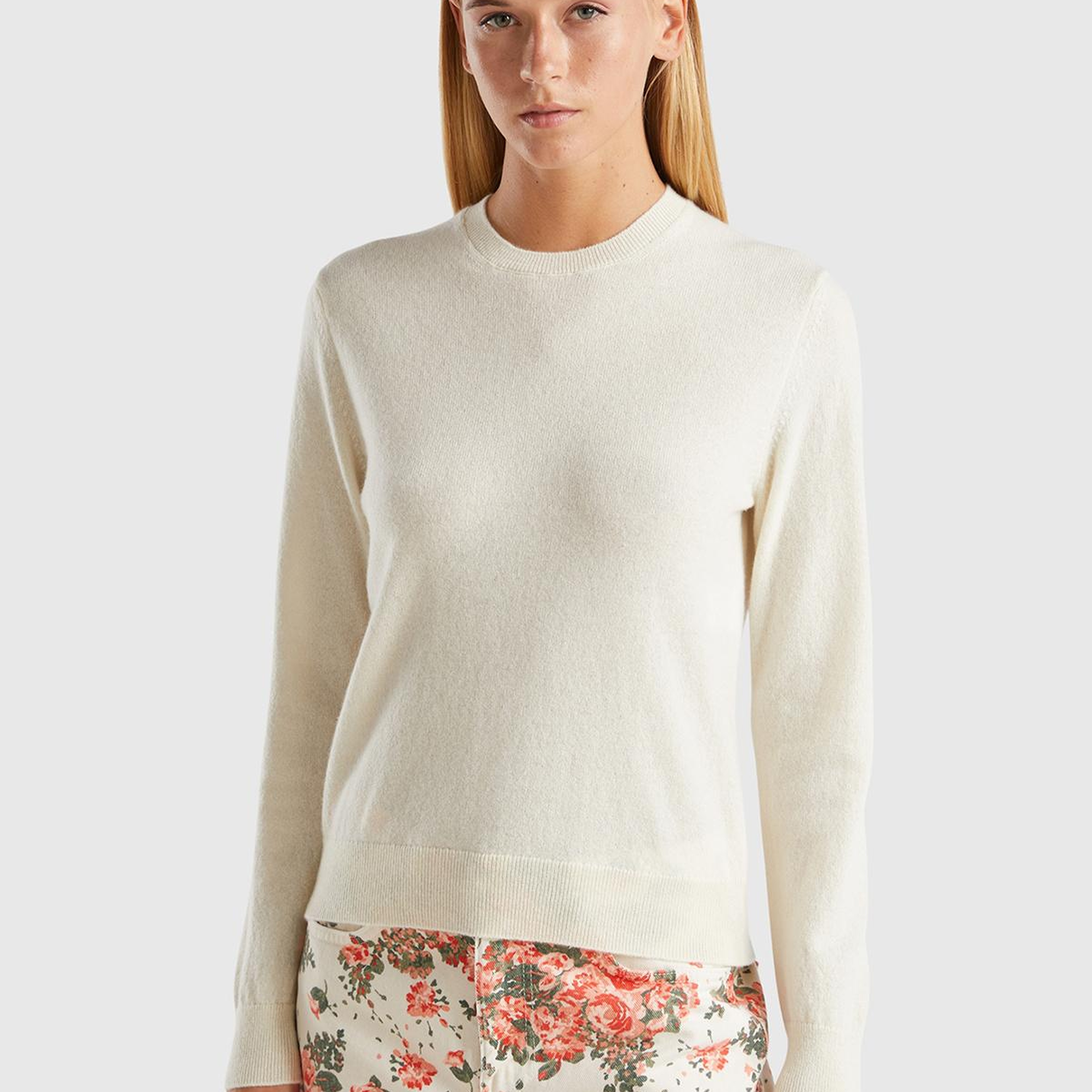 Kadın Krem %100 Kaşmir Bisiklet Yaka Düz Kazak