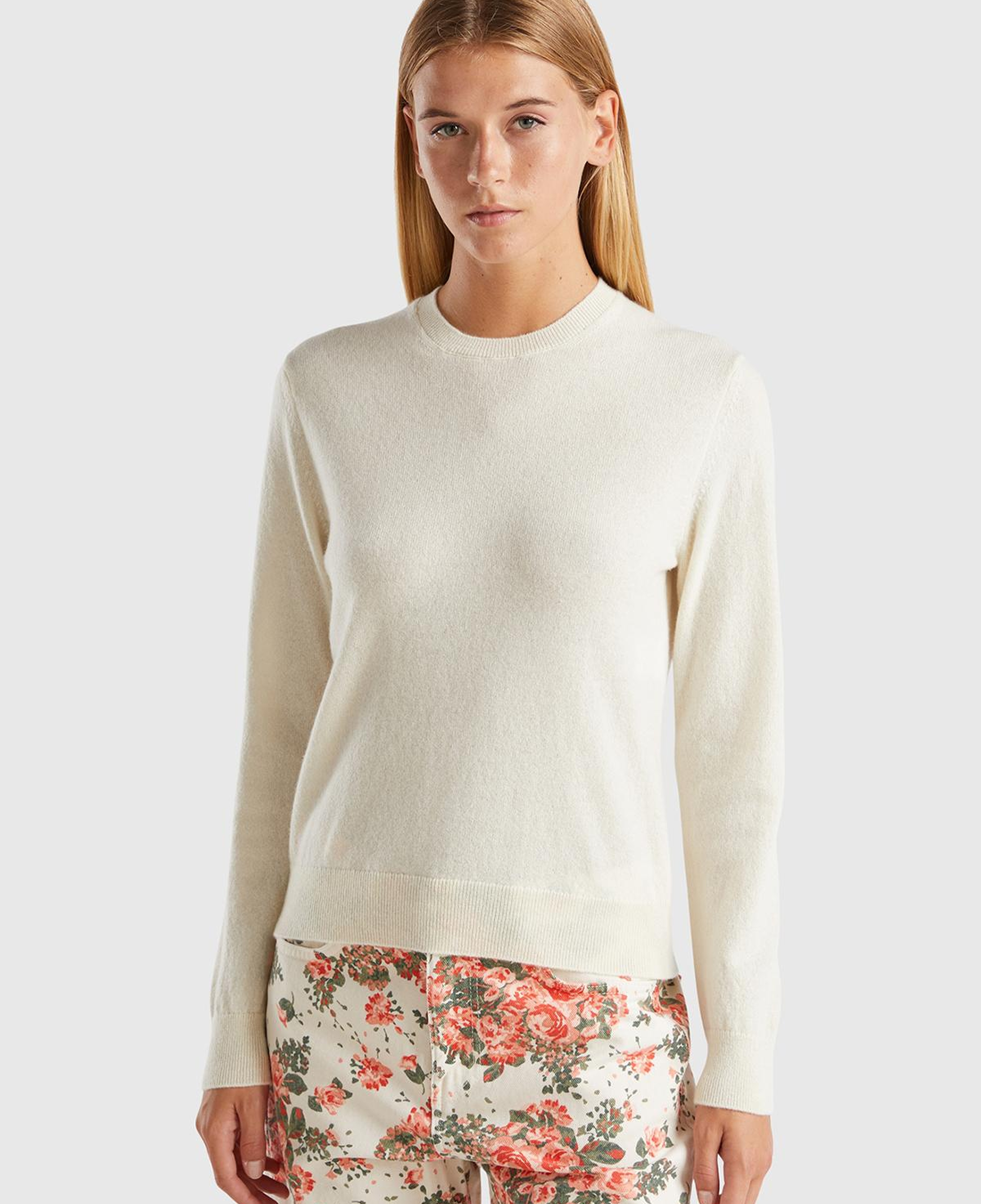 Kadın Krem %100 Kaşmir Bisiklet Yaka Düz Kazak