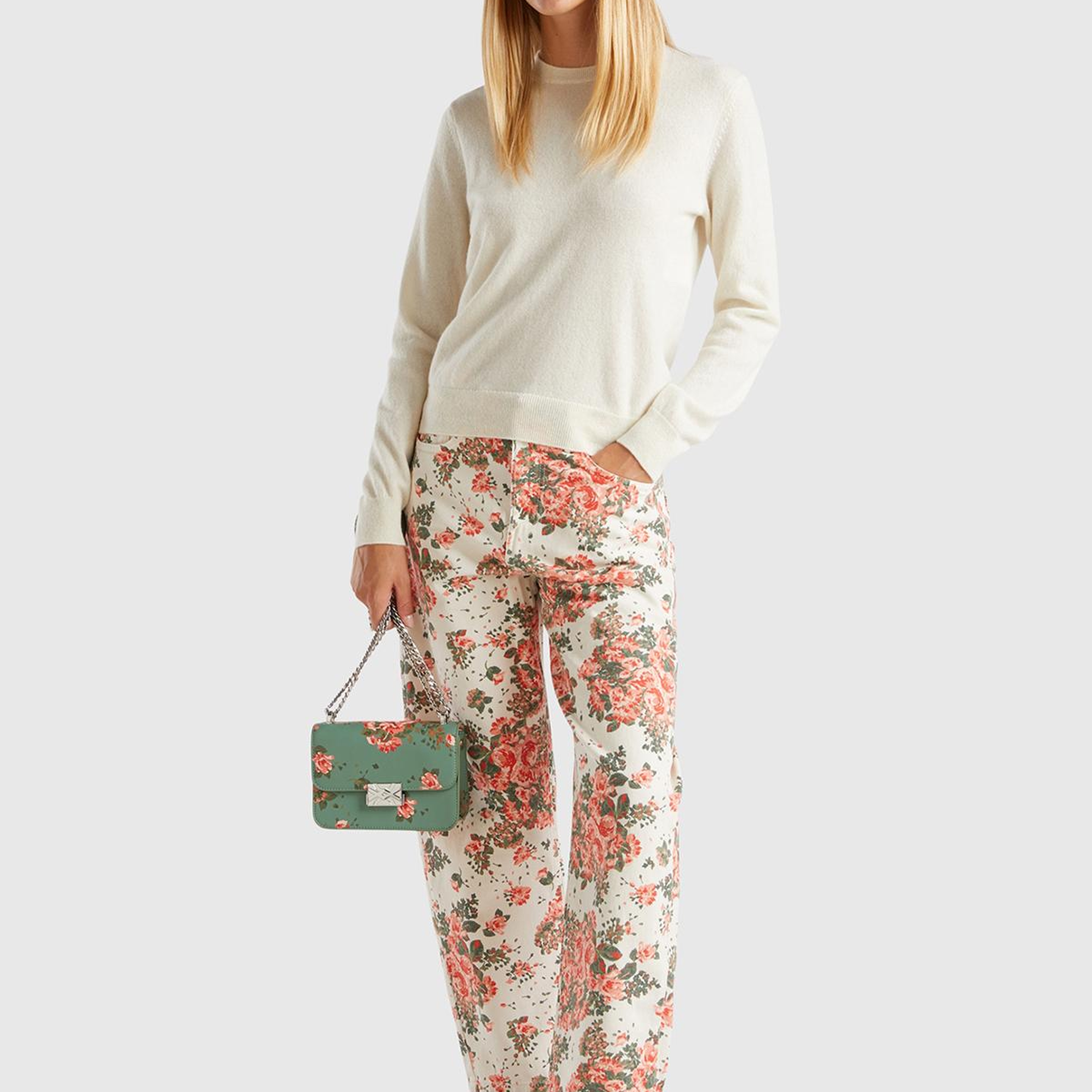 Kadın Krem %100 Kaşmir Bisiklet Yaka Düz Kazak