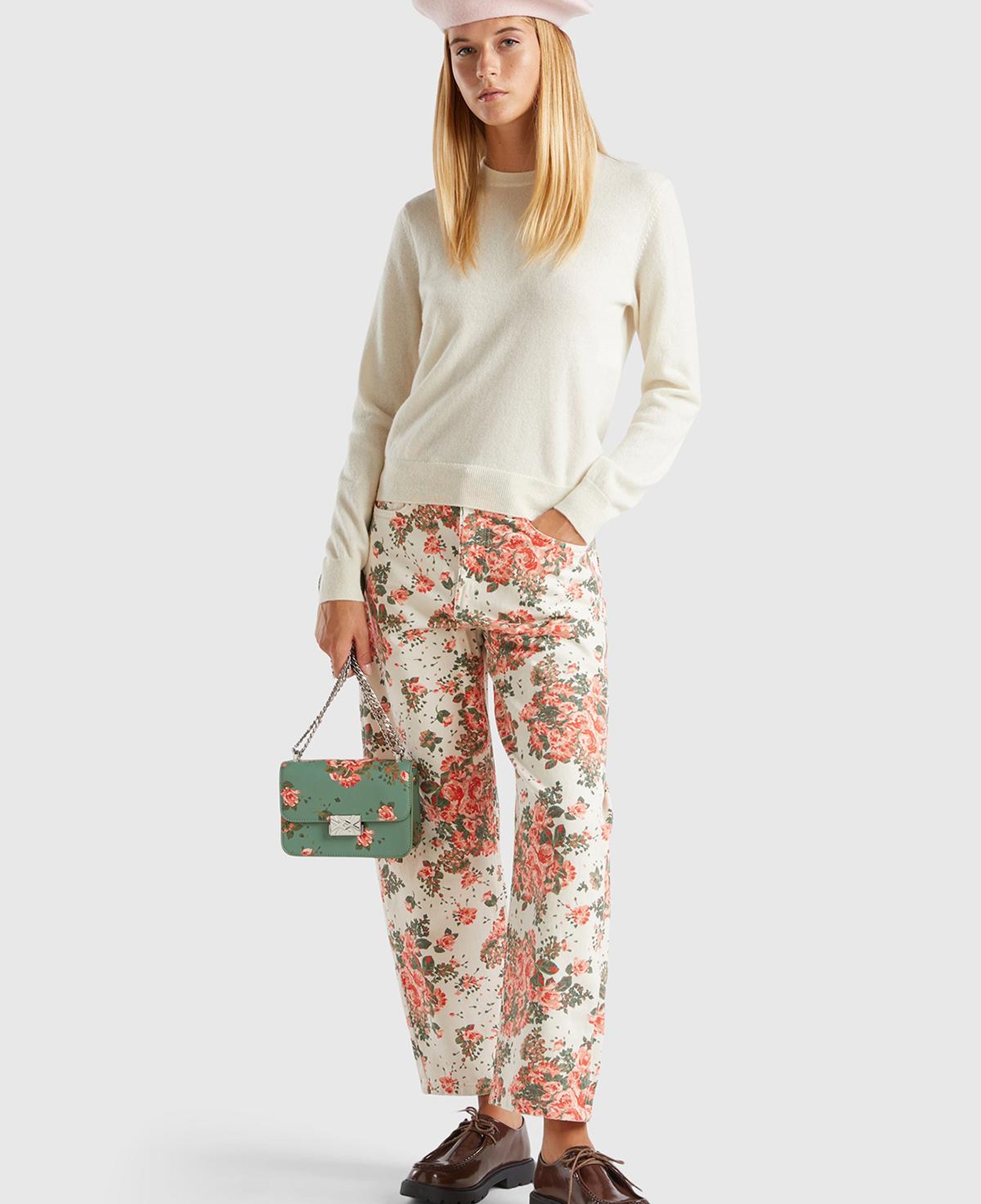 Kadın Krem %100 Kaşmir Bisiklet Yaka Düz Kazak