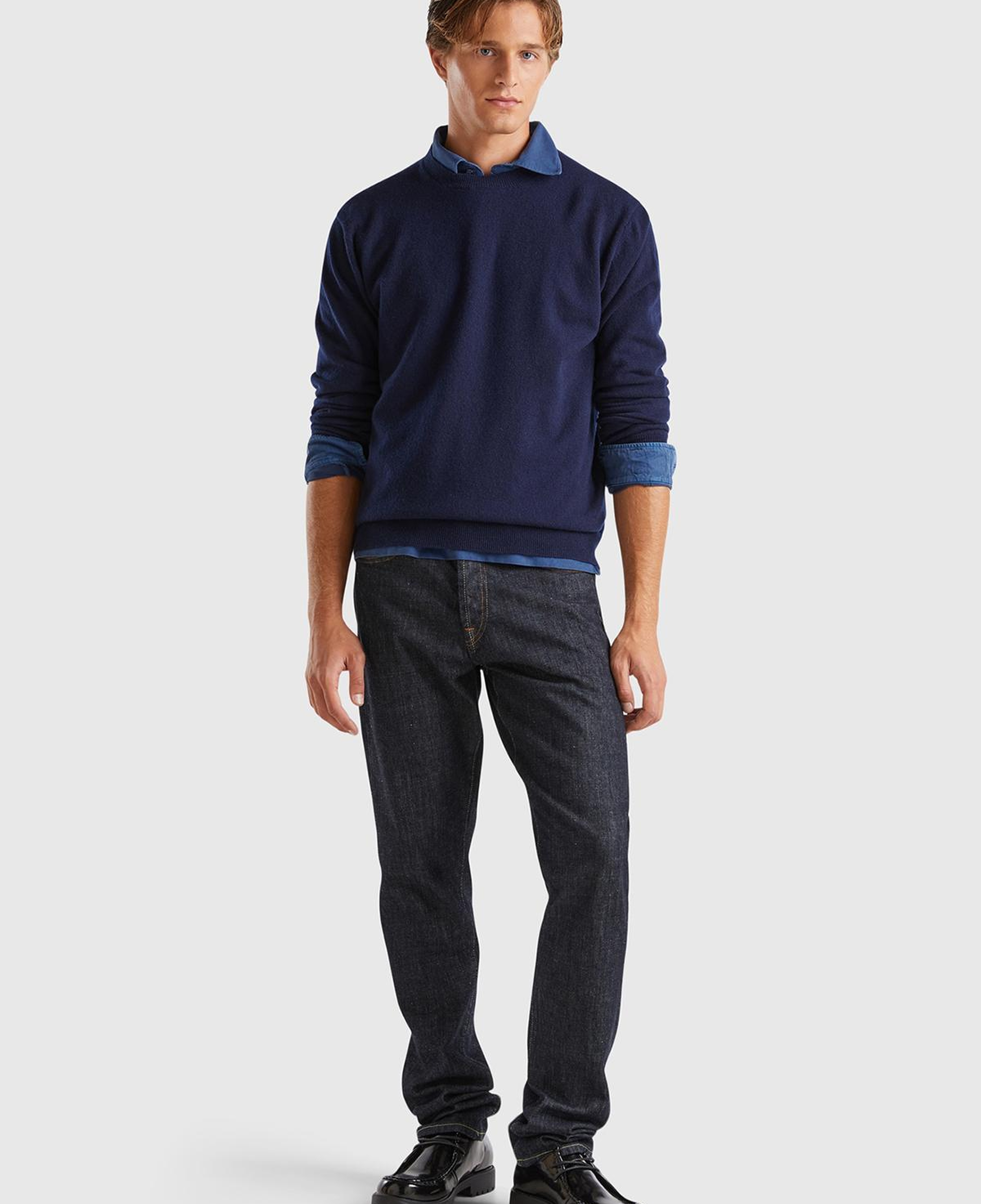 Erkek Lacivert %100 Kaşmir Normal Kesim Ribanalı Bisiklet Yaka Kazak