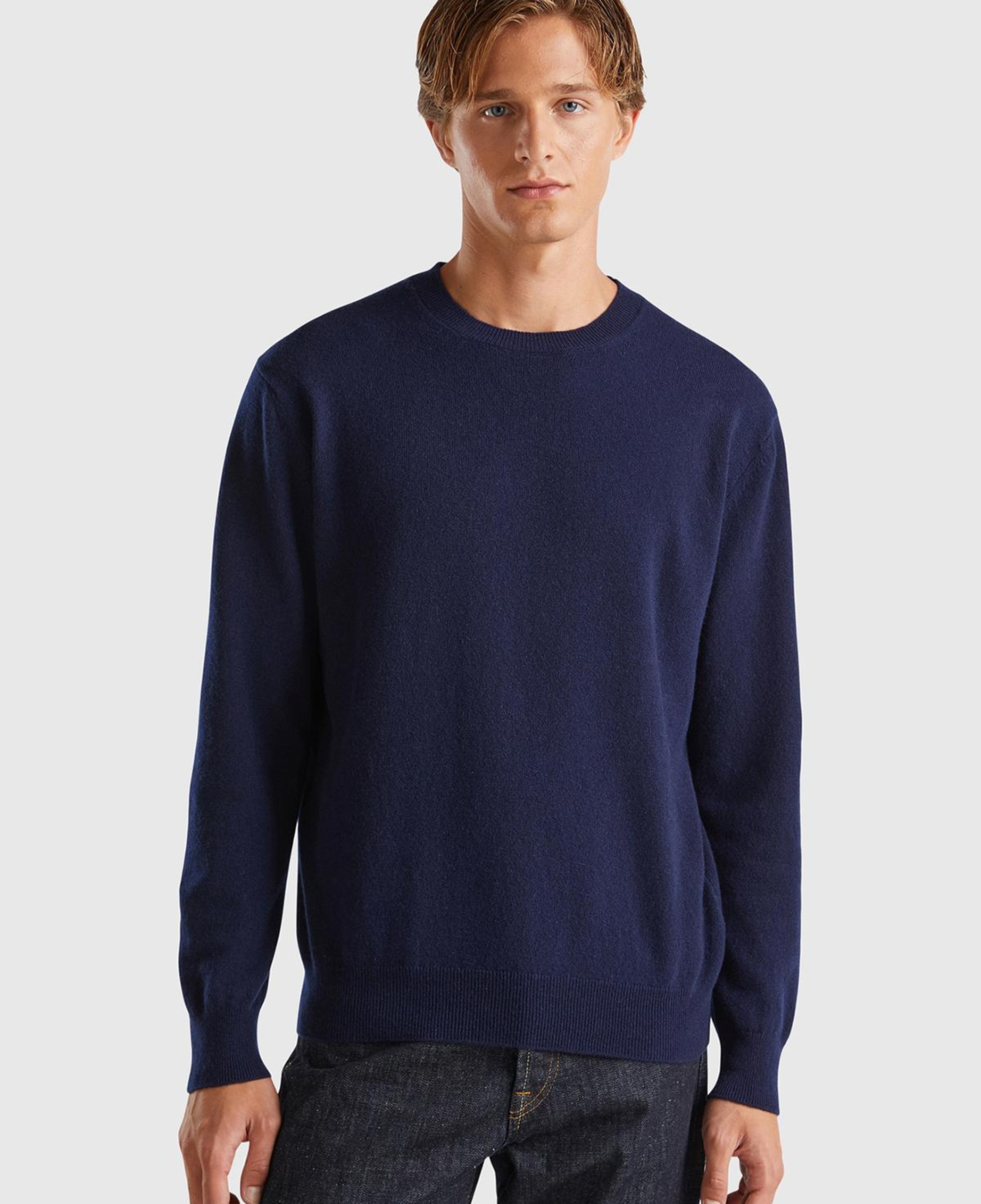 Erkek Lacivert %100 Kaşmir Normal Kesim Ribanalı Bisiklet Yaka Kazak