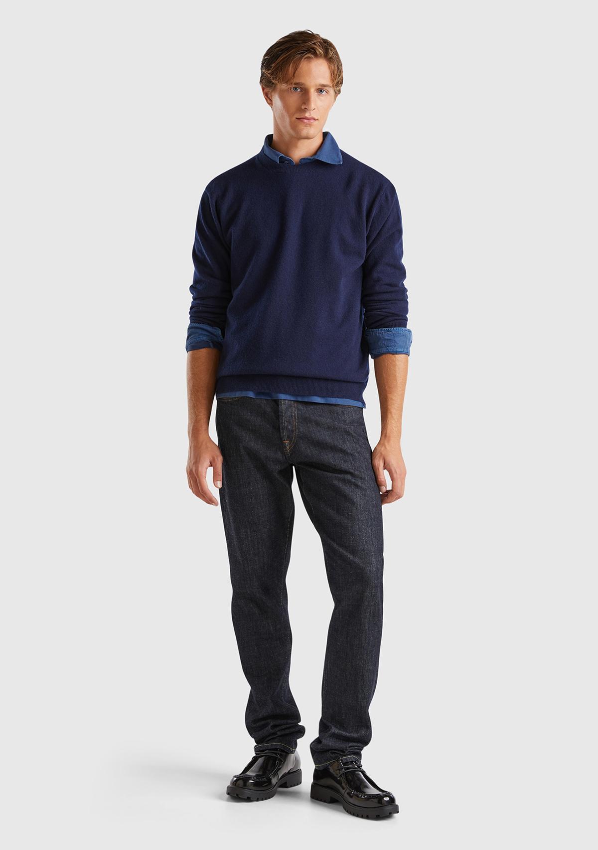 Erkek Lacivert %100 Kaşmir Normal Kesim Ribanalı Bisiklet Yaka Kazak