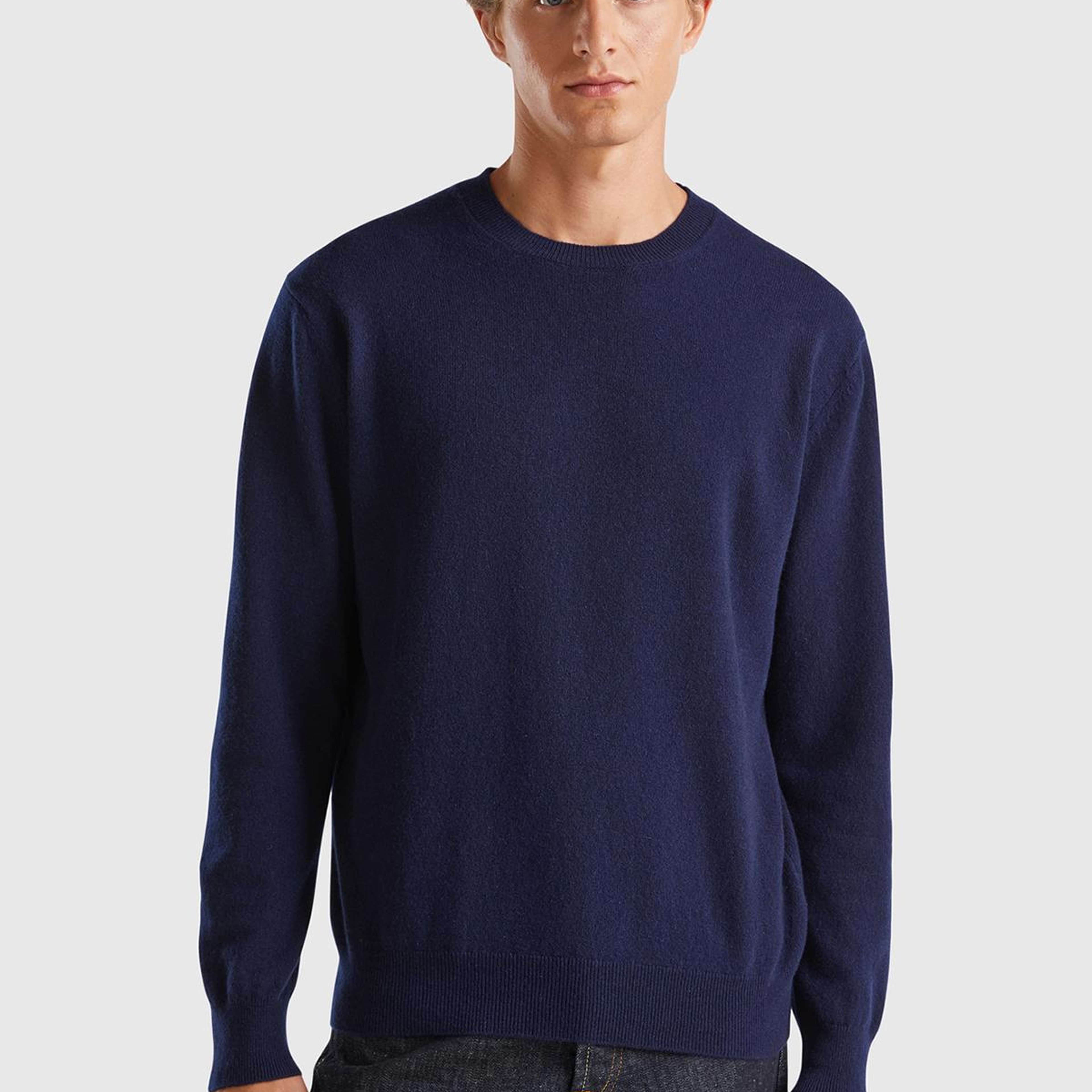 Erkek Lacivert %100 Kaşmir Normal Kesim Ribanalı Bisiklet Yaka Kazak