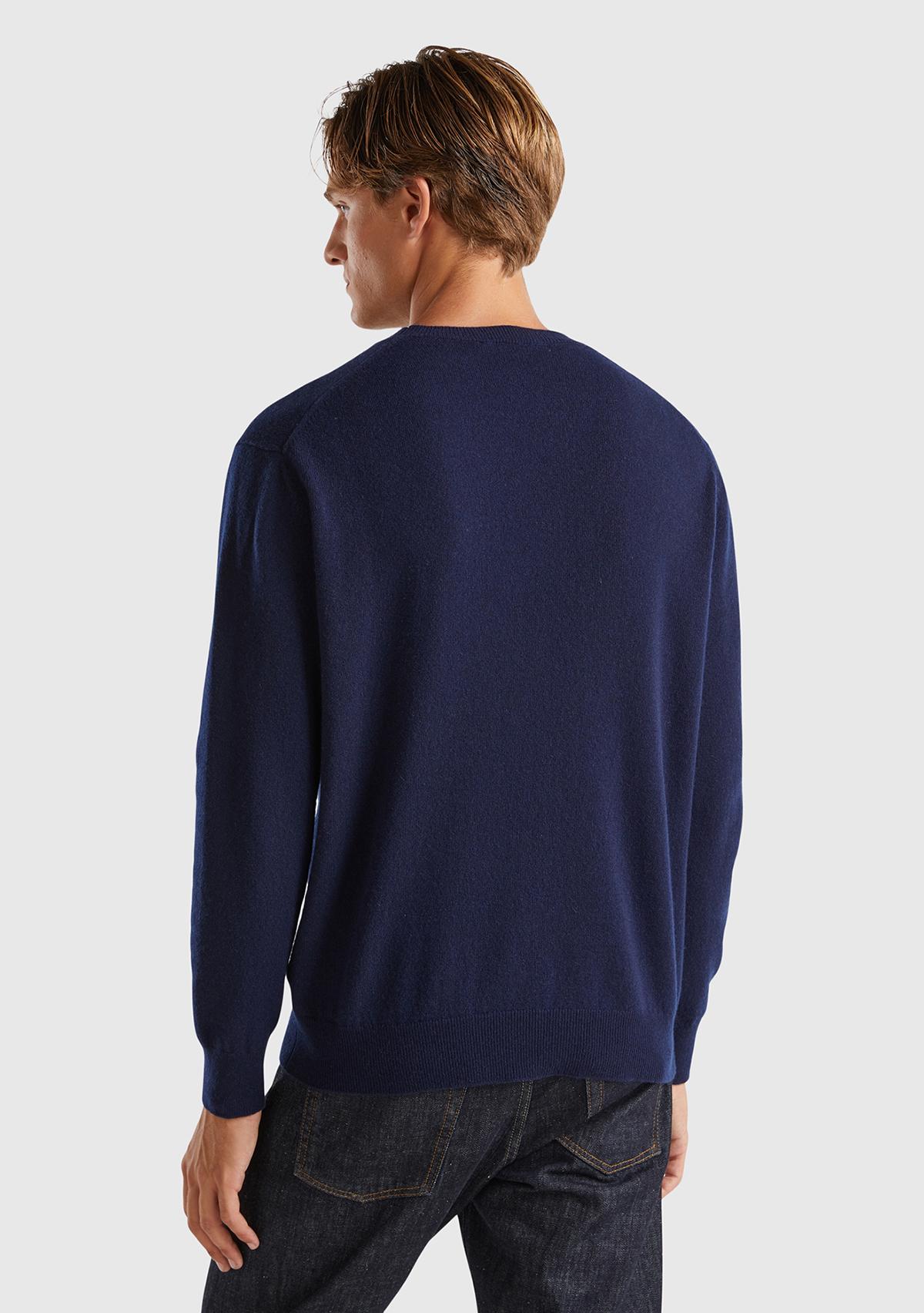 Erkek Lacivert %100 Kaşmir Normal Kesim Ribanalı Bisiklet Yaka Kazak