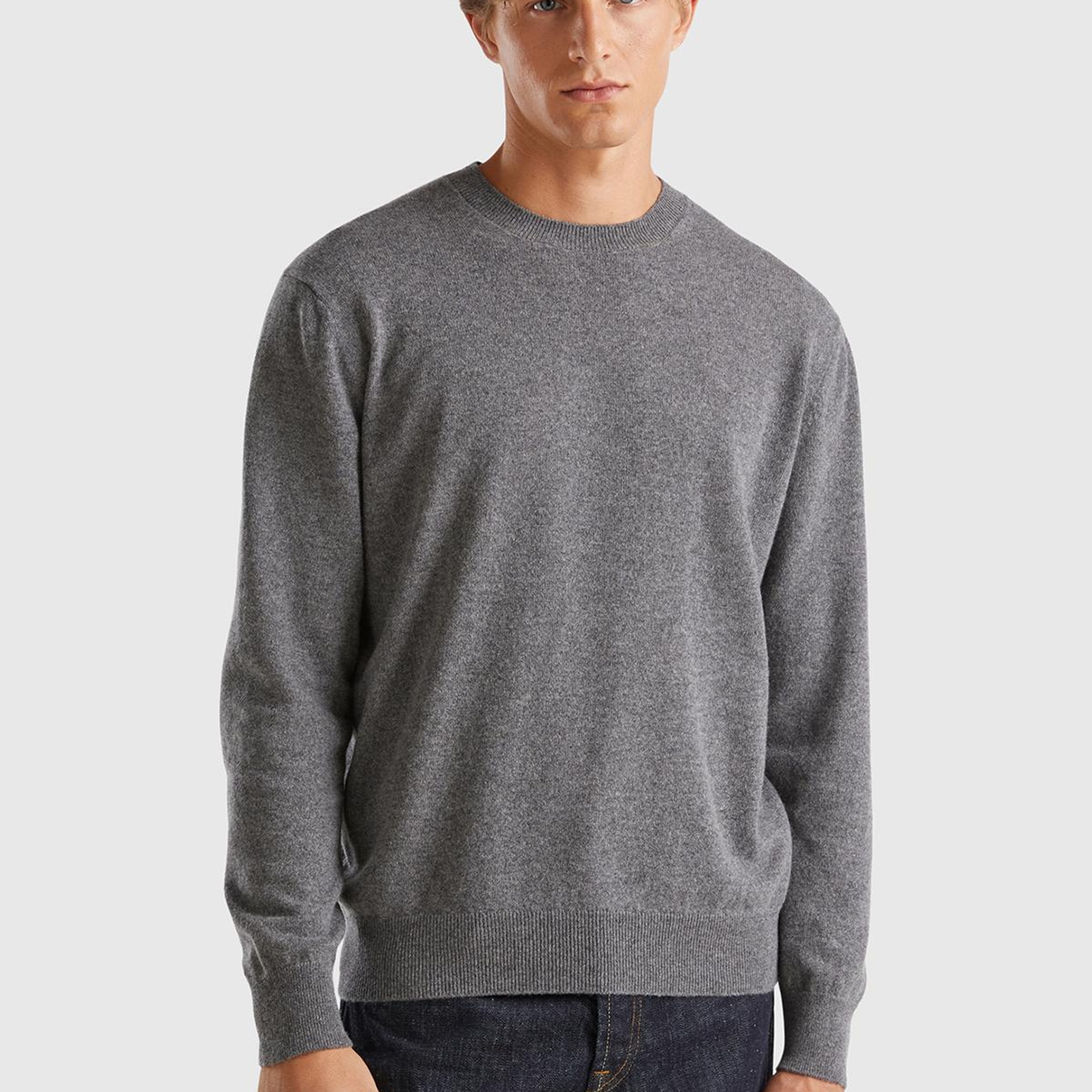 Erkek Antrasit Melanj %100 Kaşmir Normal Kesim Ribanalı Bisiklet Yaka Kazak