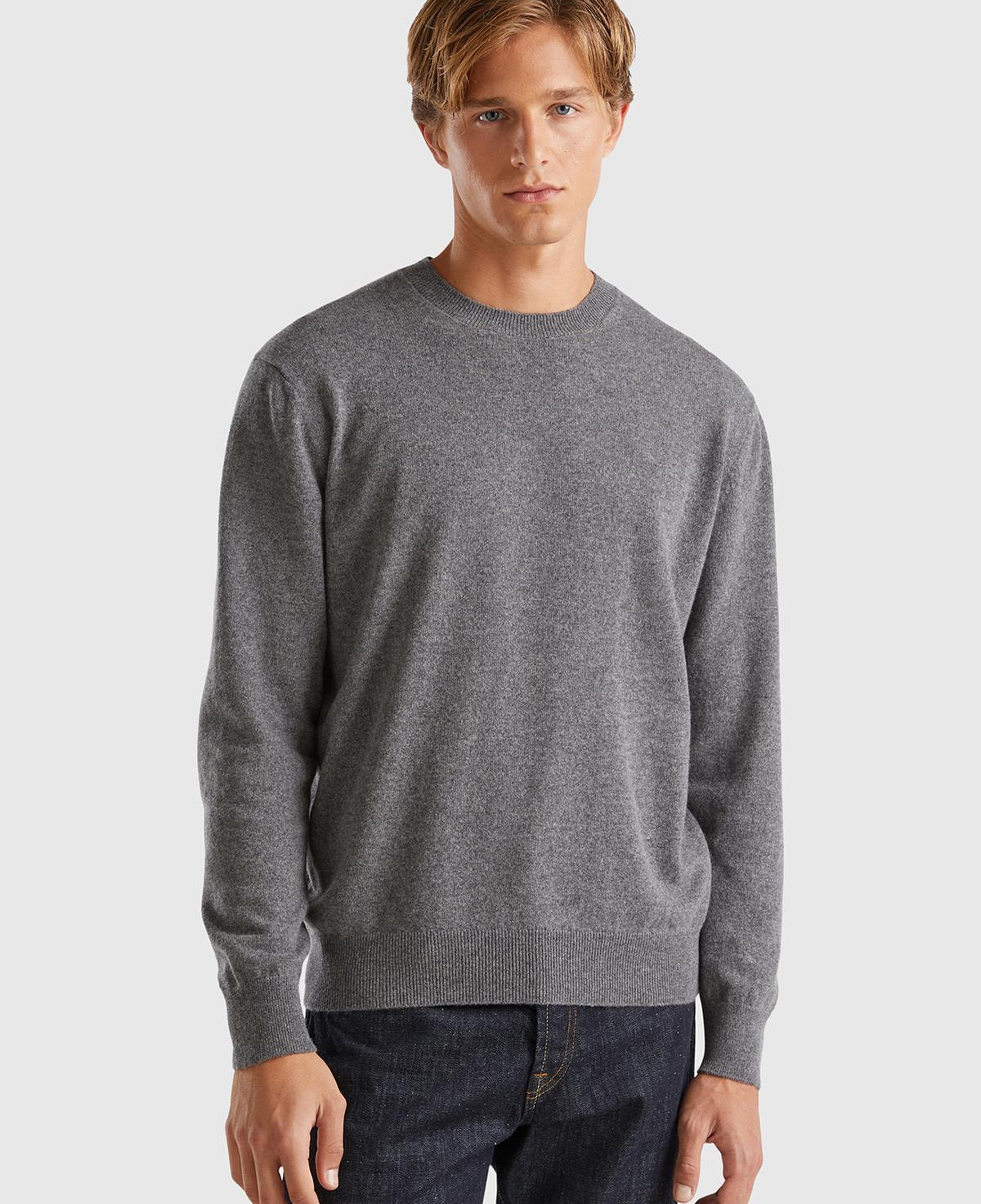 Erkek Antrasit Melanj %100 Kaşmir Normal Kesim Ribanalı Bisiklet Yaka Kazak