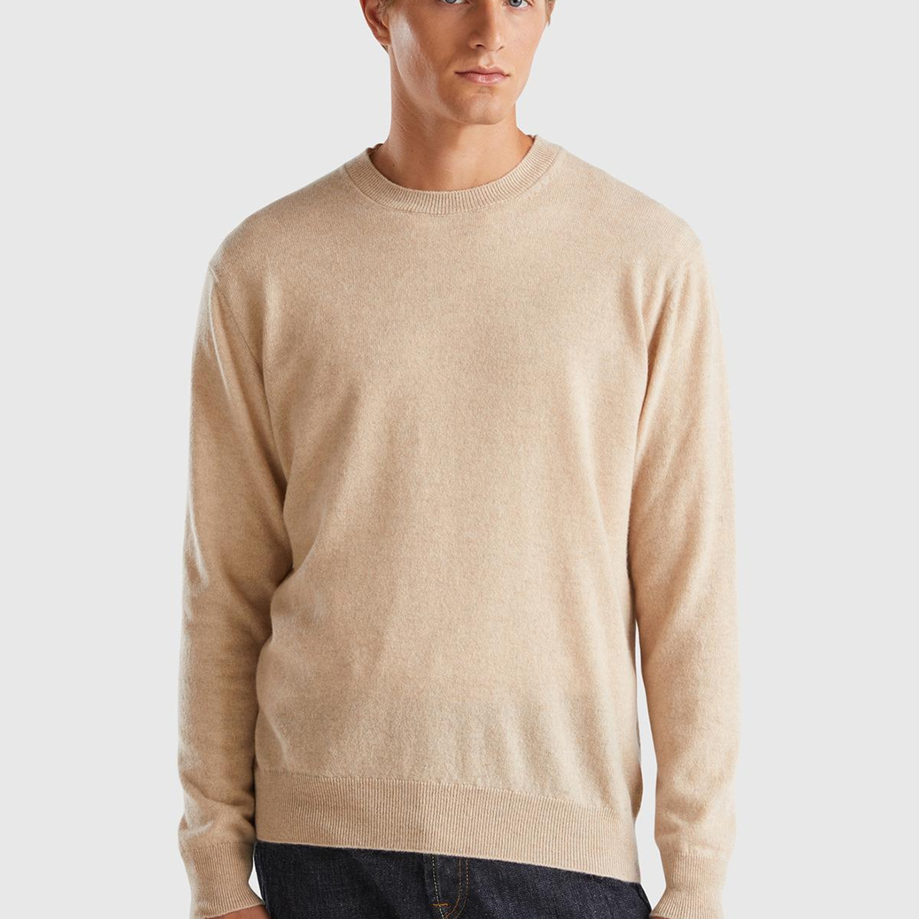 Erkek Ekru %100 Kaşmir Normal Kesim Ribanalı Bisiklet Yaka Kazak