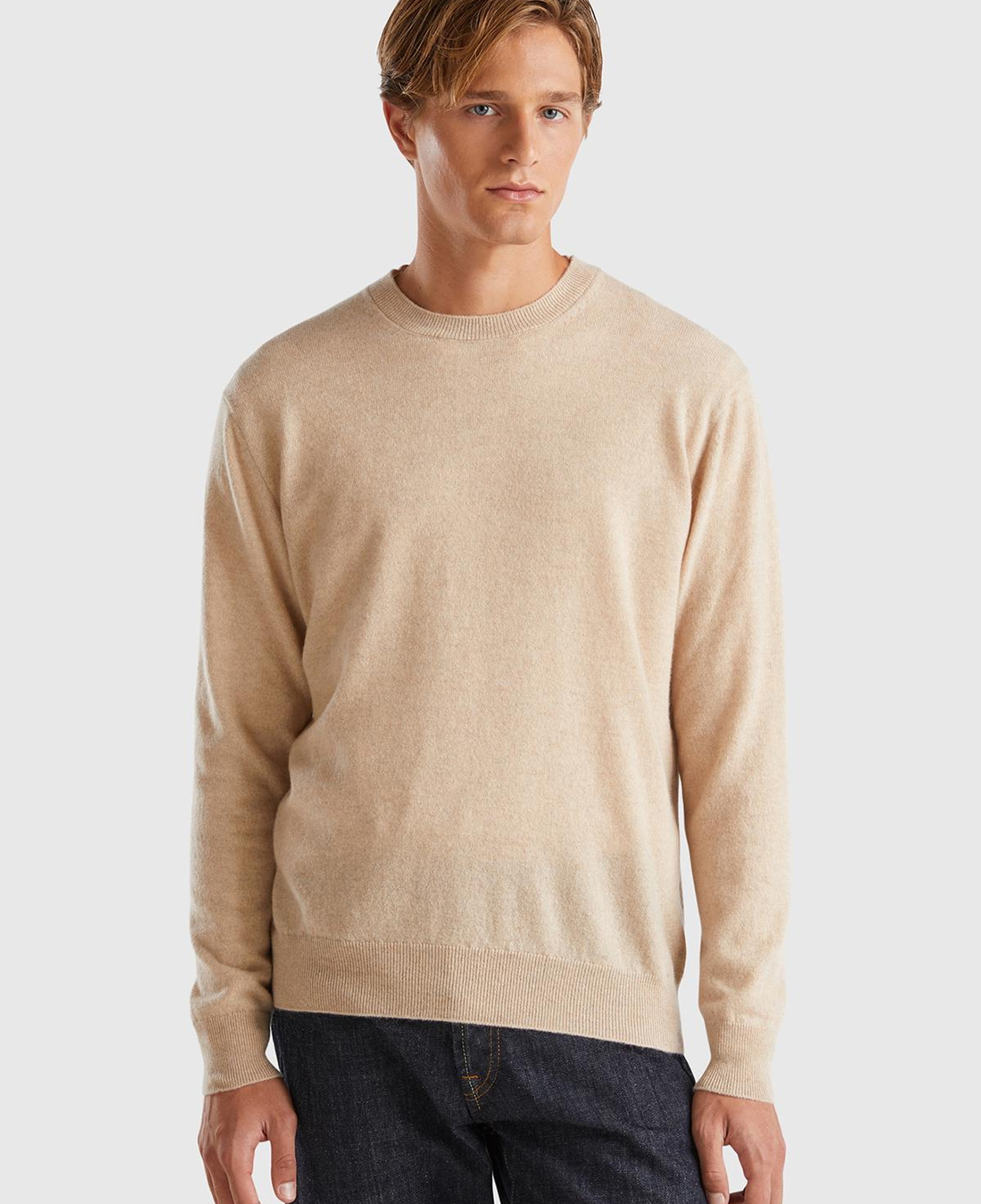 Erkek Ekru %100 Kaşmir Normal Kesim Ribanalı Bisiklet Yaka Kazak