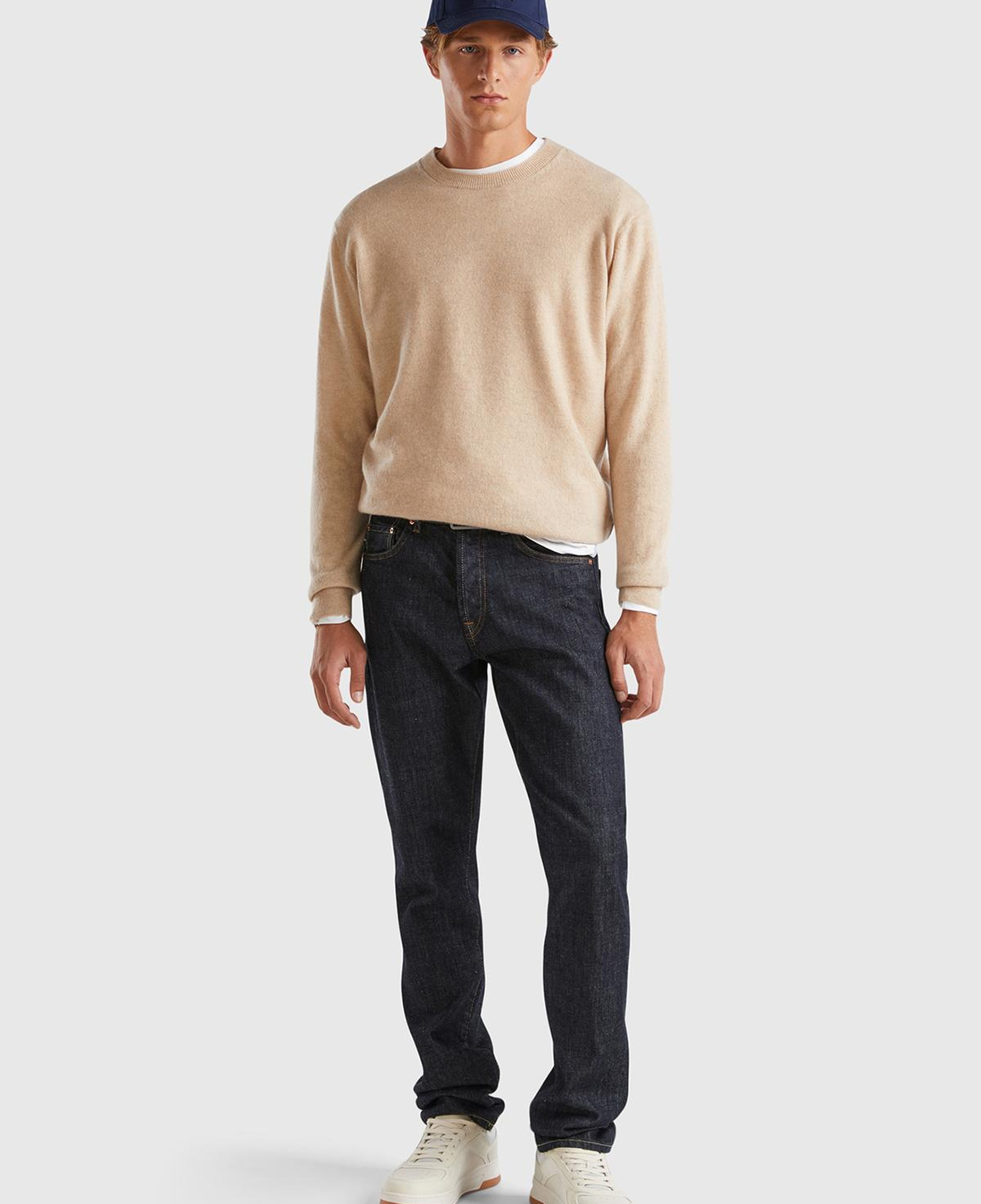 Erkek Ekru %100 Kaşmir Normal Kesim Ribanalı Bisiklet Yaka Kazak