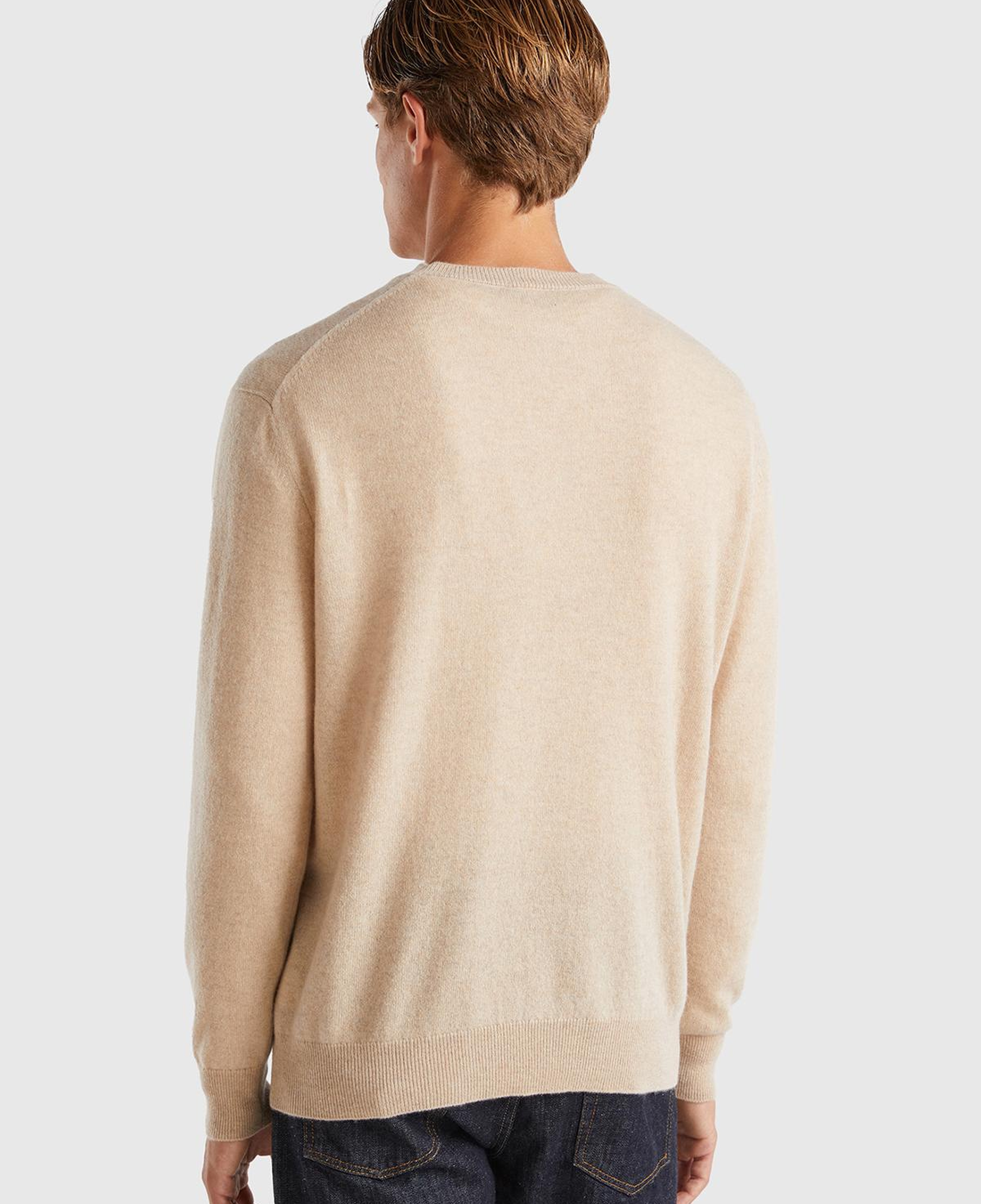 Erkek Ekru %100 Kaşmir Normal Kesim Ribanalı Bisiklet Yaka Kazak