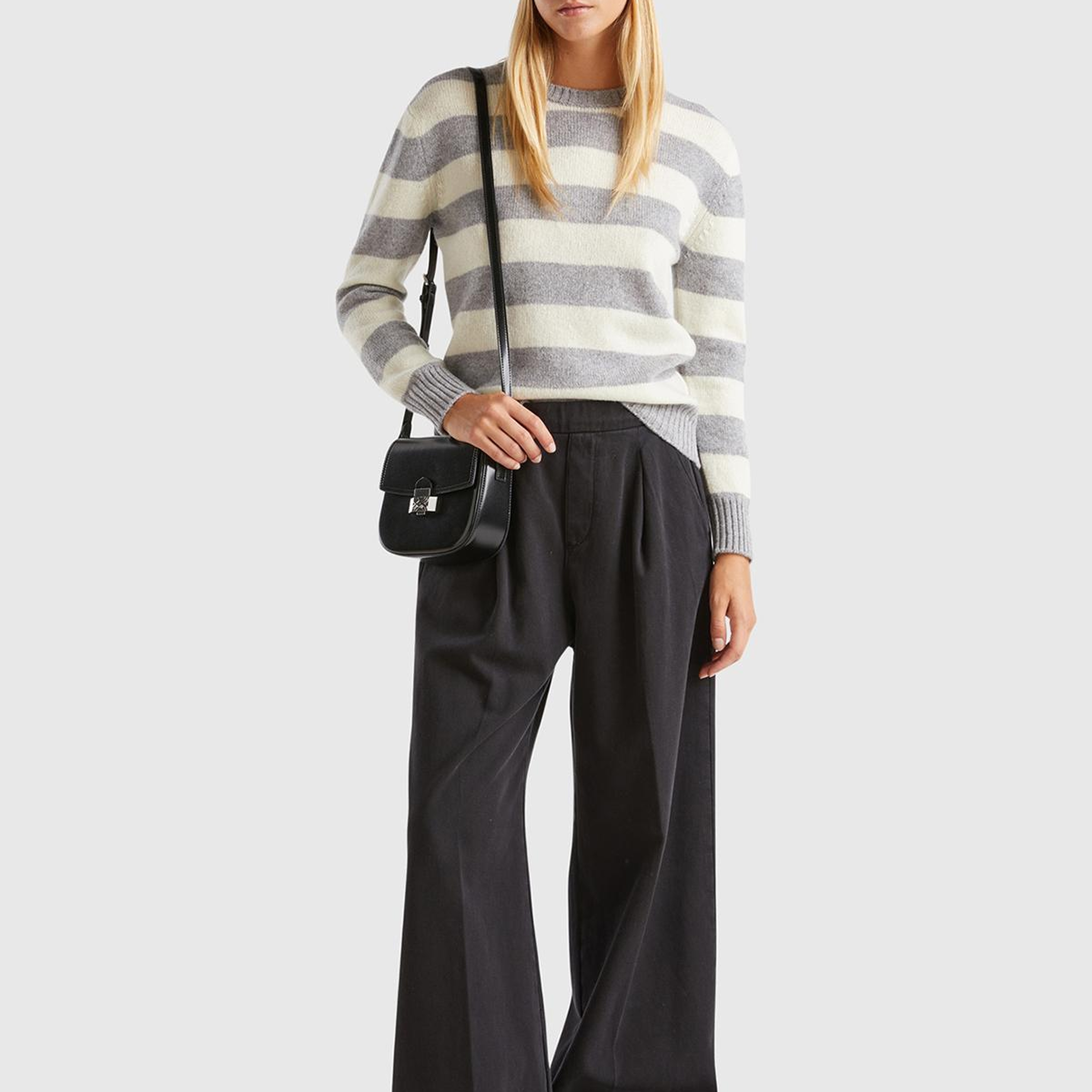 Kadın Gri Melanj %100 Yün Çizgili Shetland Kazak