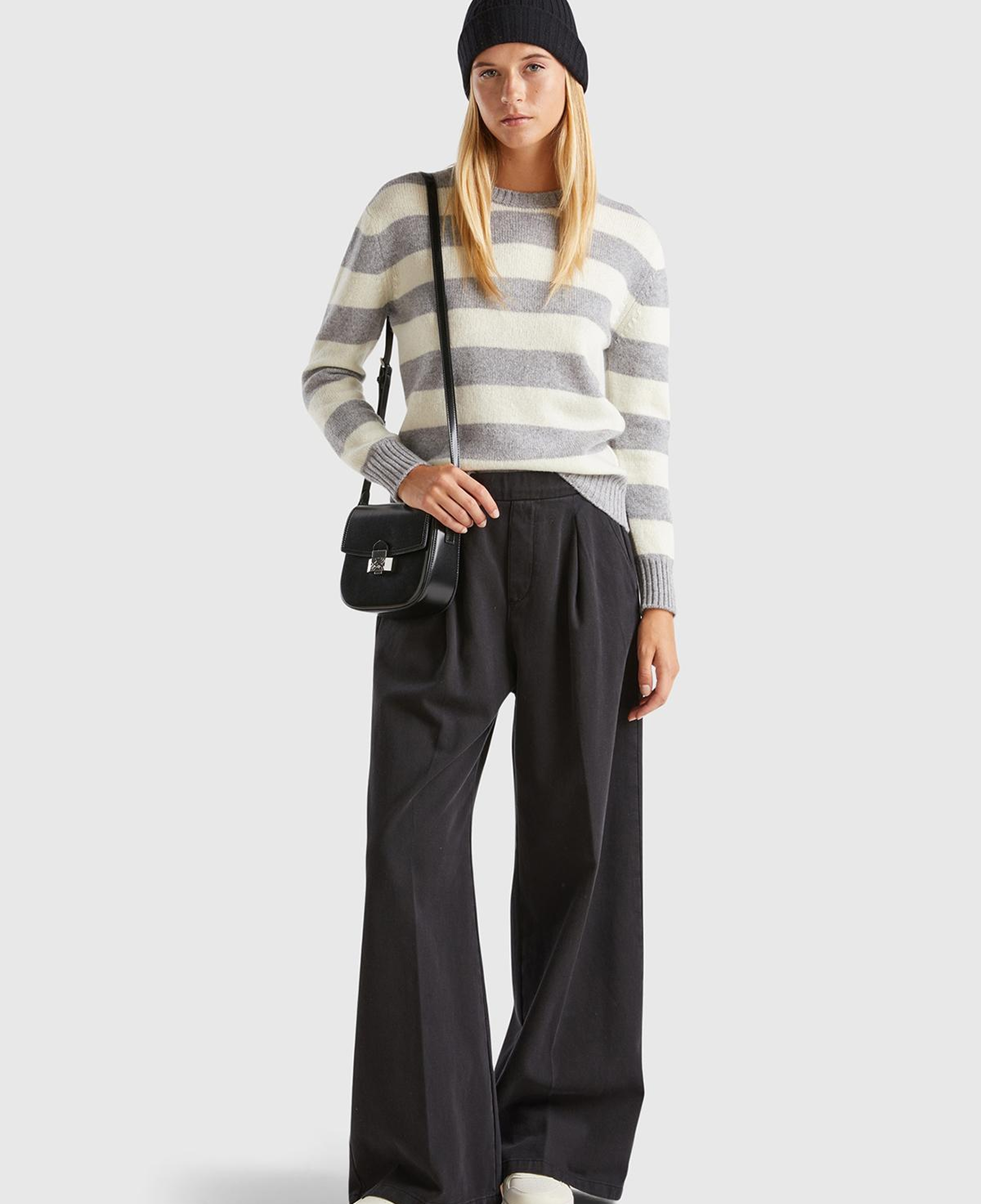 Kadın Gri Melanj %100 Yün Çizgili Shetland Kazak