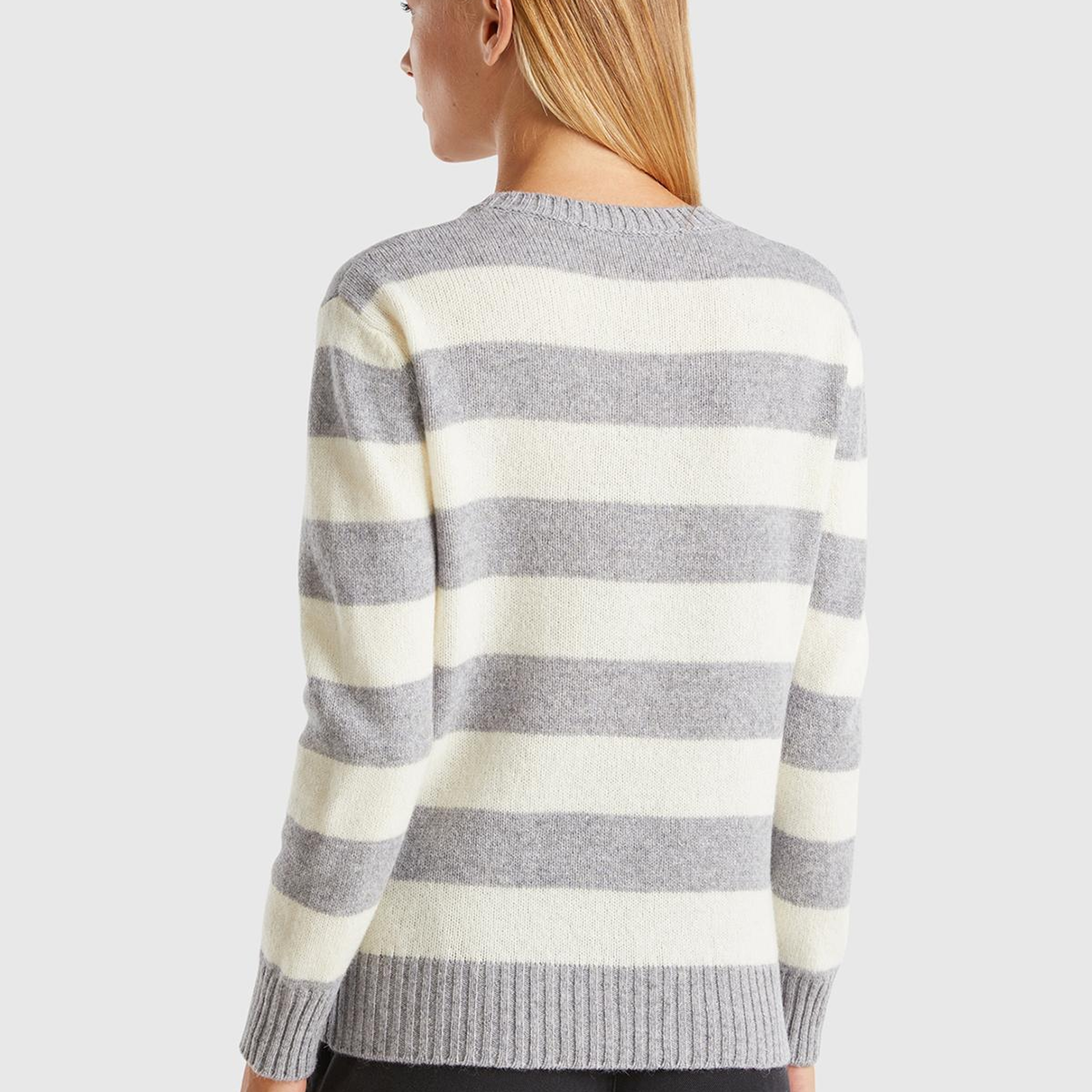 Kadın Gri Melanj %100 Yün Çizgili Shetland Kazak