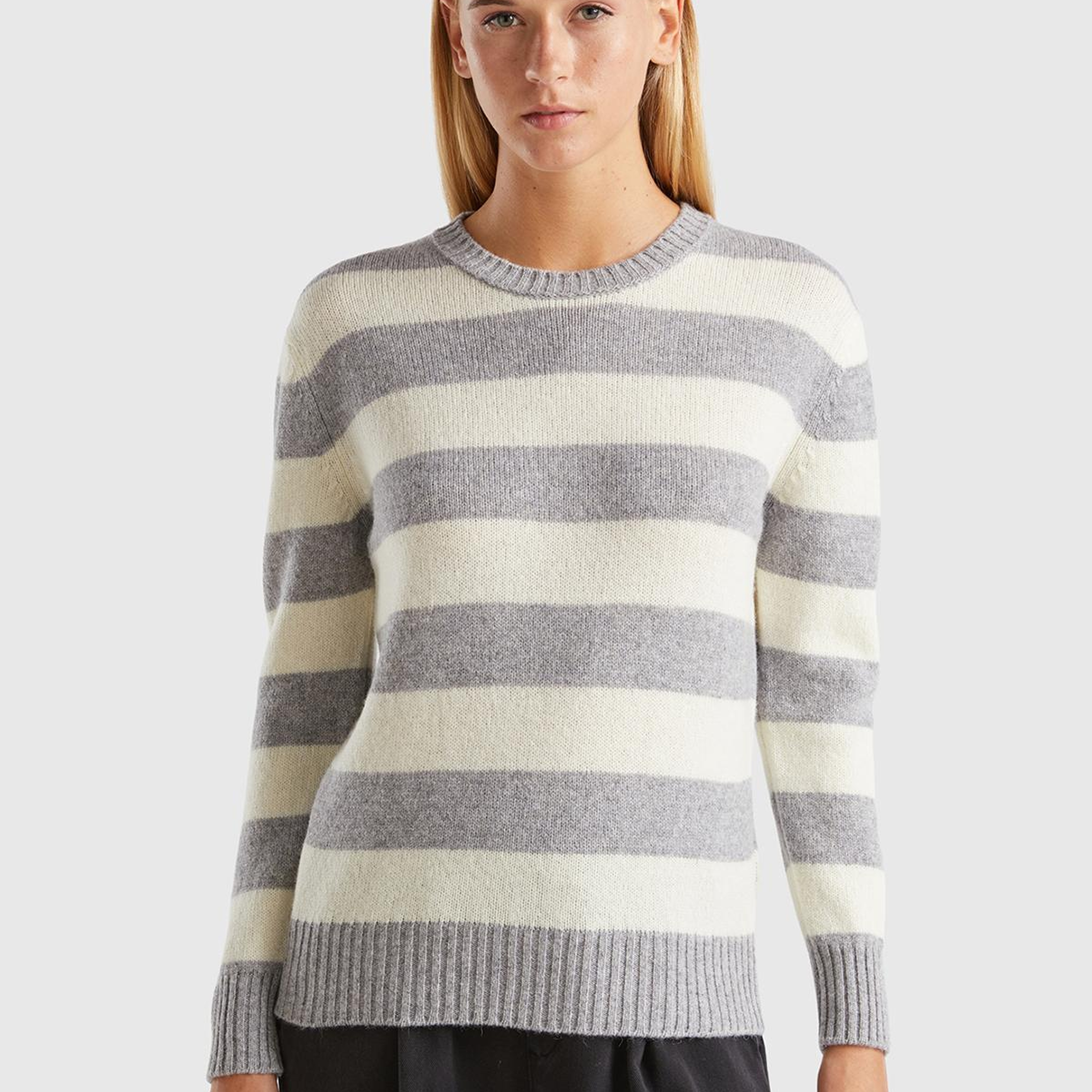 Kadın Gri Melanj %100 Yün Çizgili Shetland Kazak