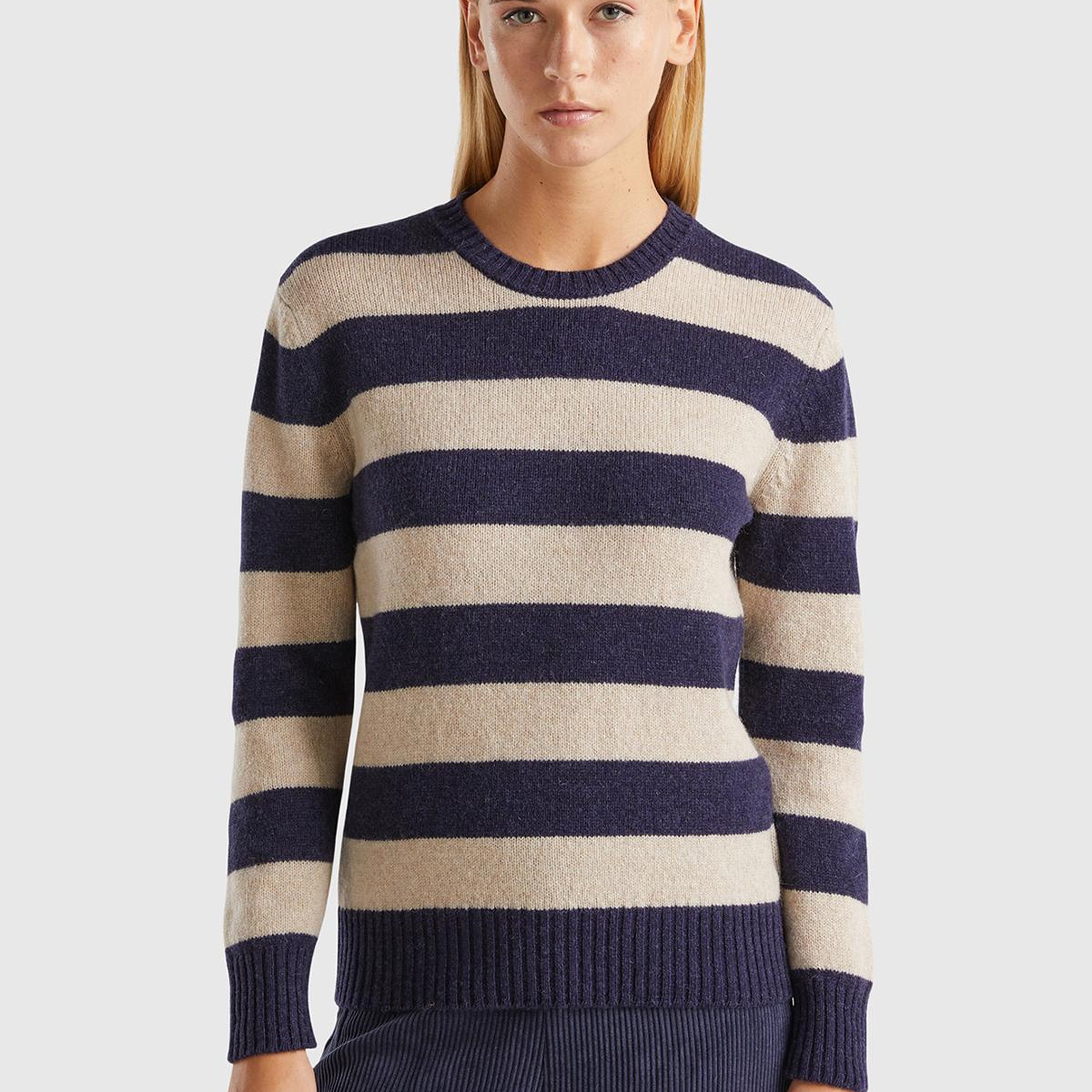 Kadın Lacivert Mix %100 Yün Çizgili Shetland Kazak