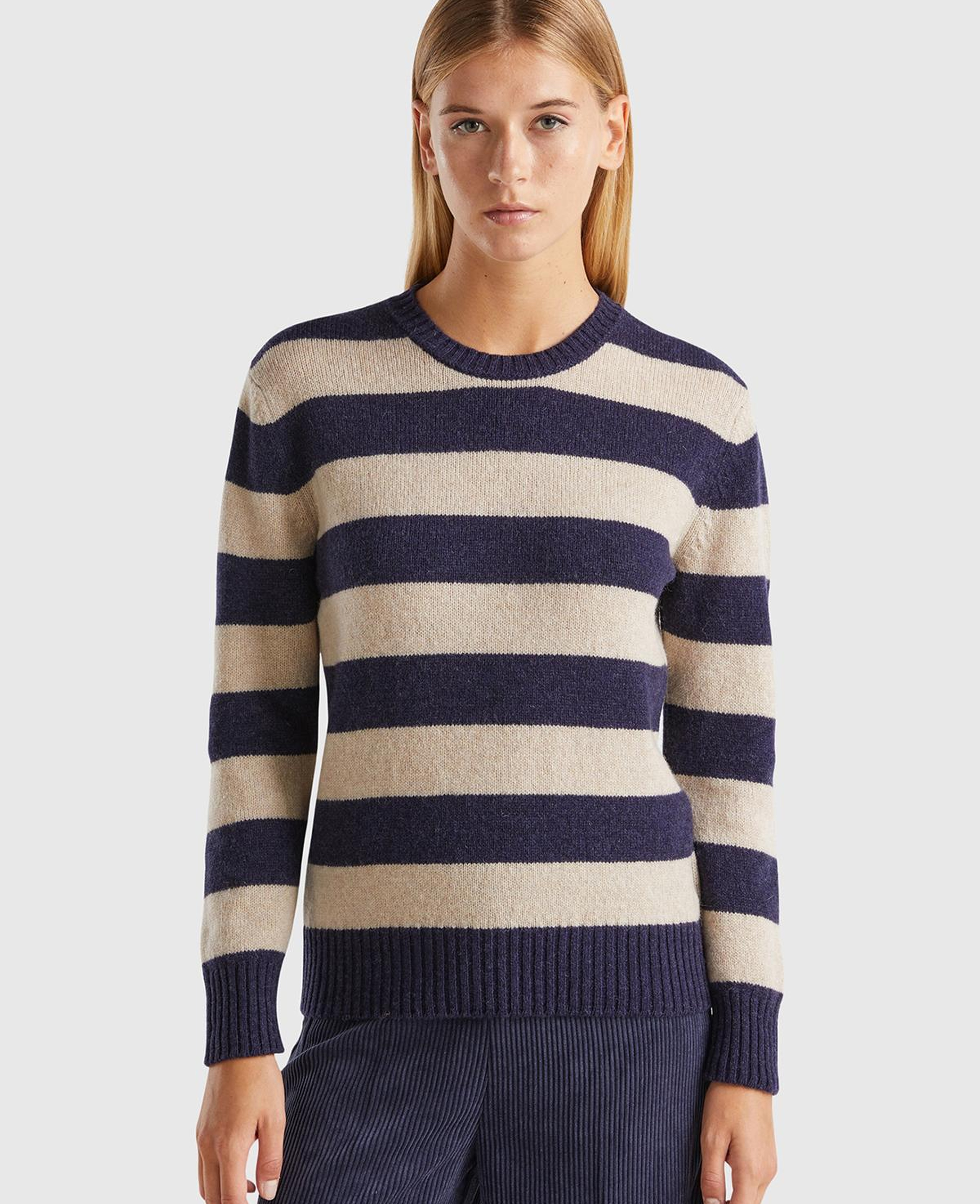 Kadın Lacivert Mix %100 Yün Çizgili Shetland Kazak