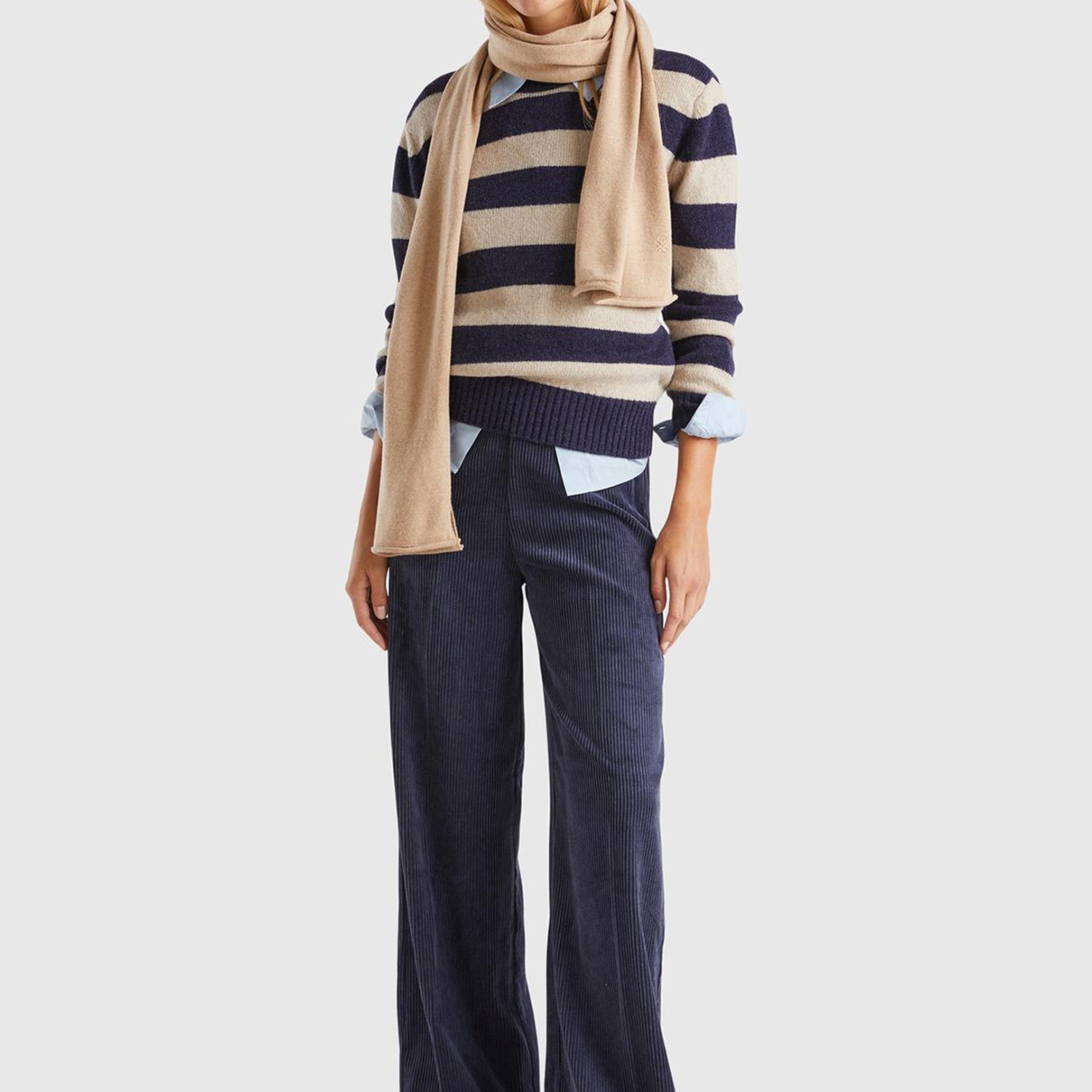 Kadın Lacivert Mix %100 Yün Çizgili Shetland Kazak