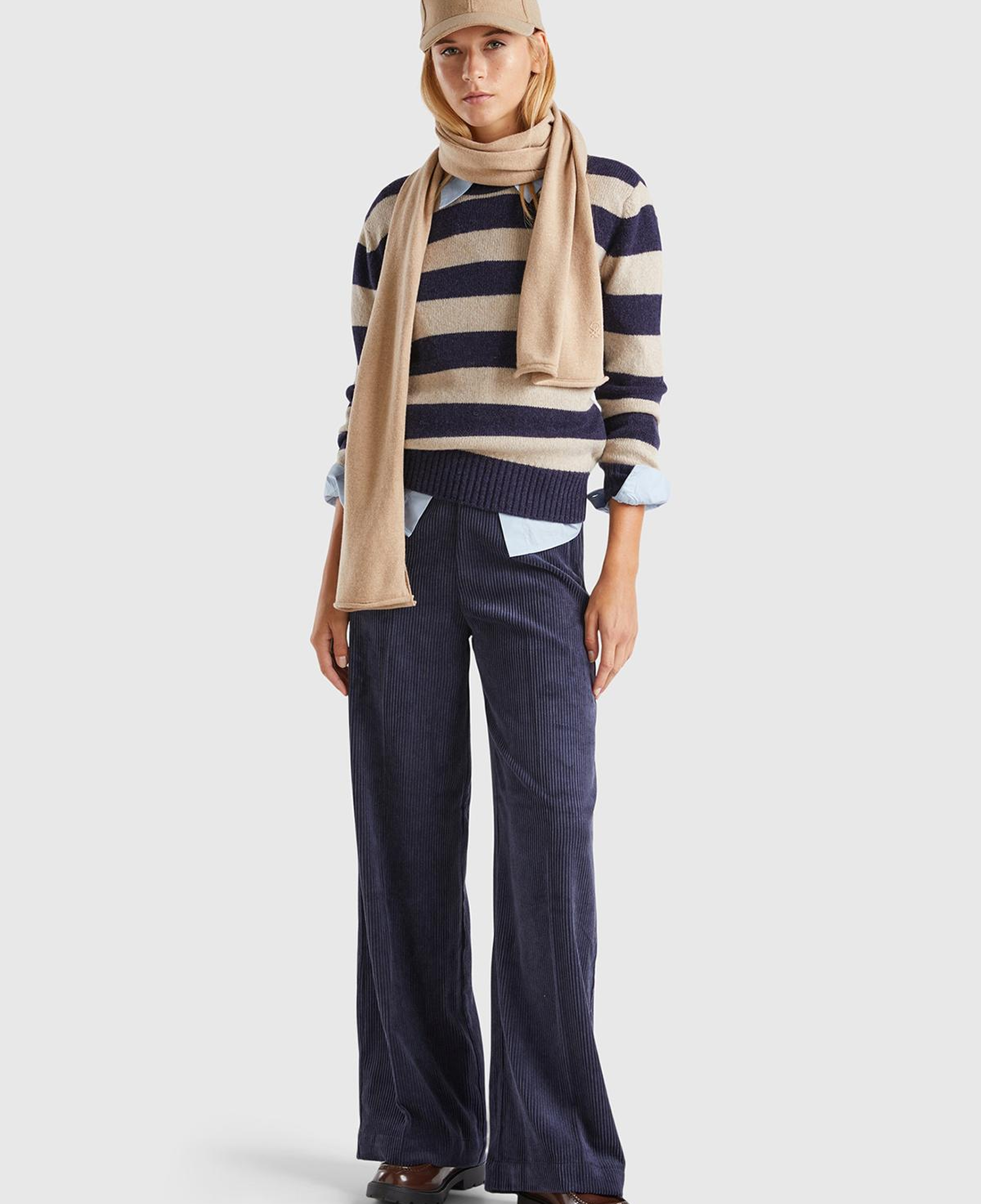 Kadın Lacivert Mix %100 Yün Çizgili Shetland Kazak