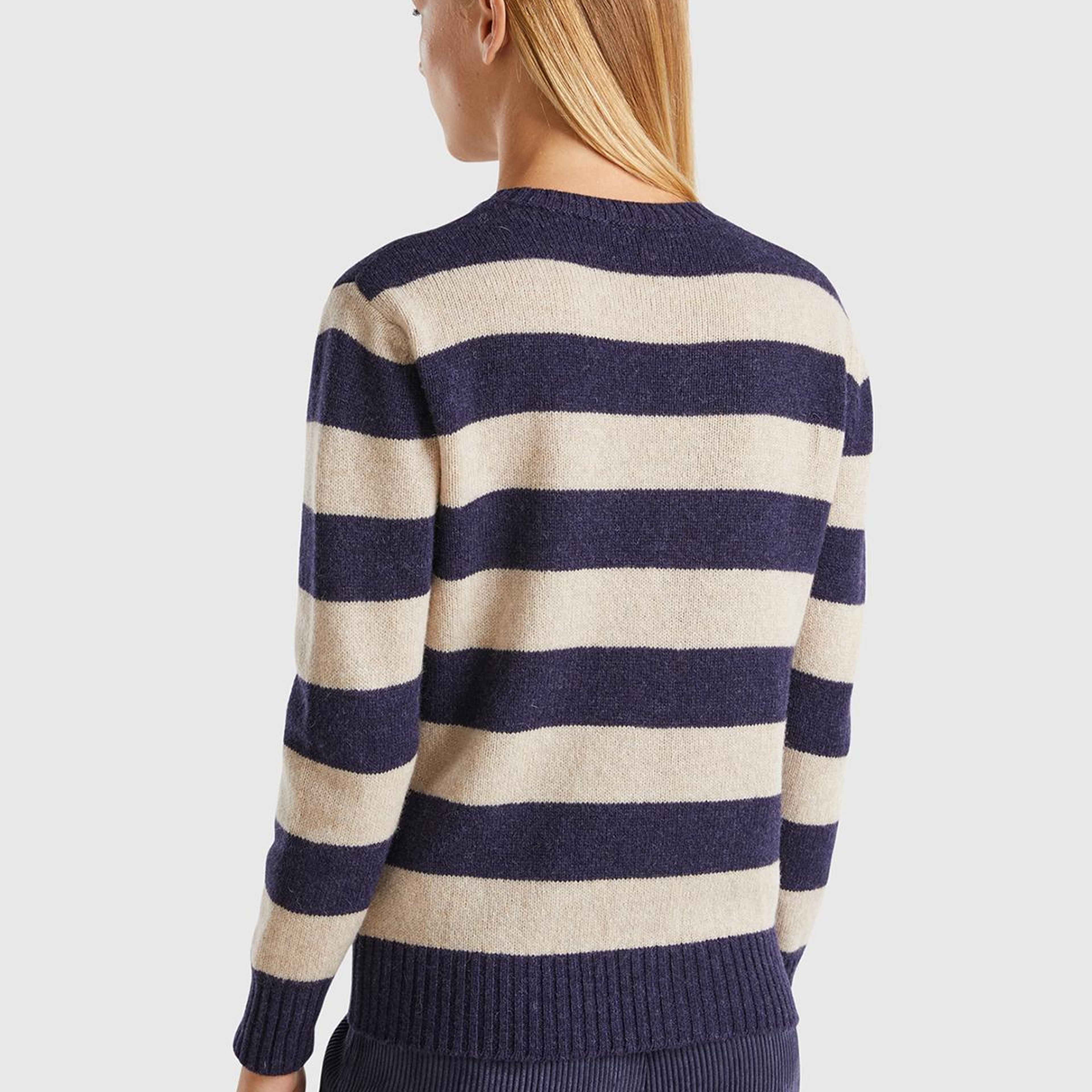 Kadın Lacivert Mix %100 Yün Çizgili Shetland Kazak