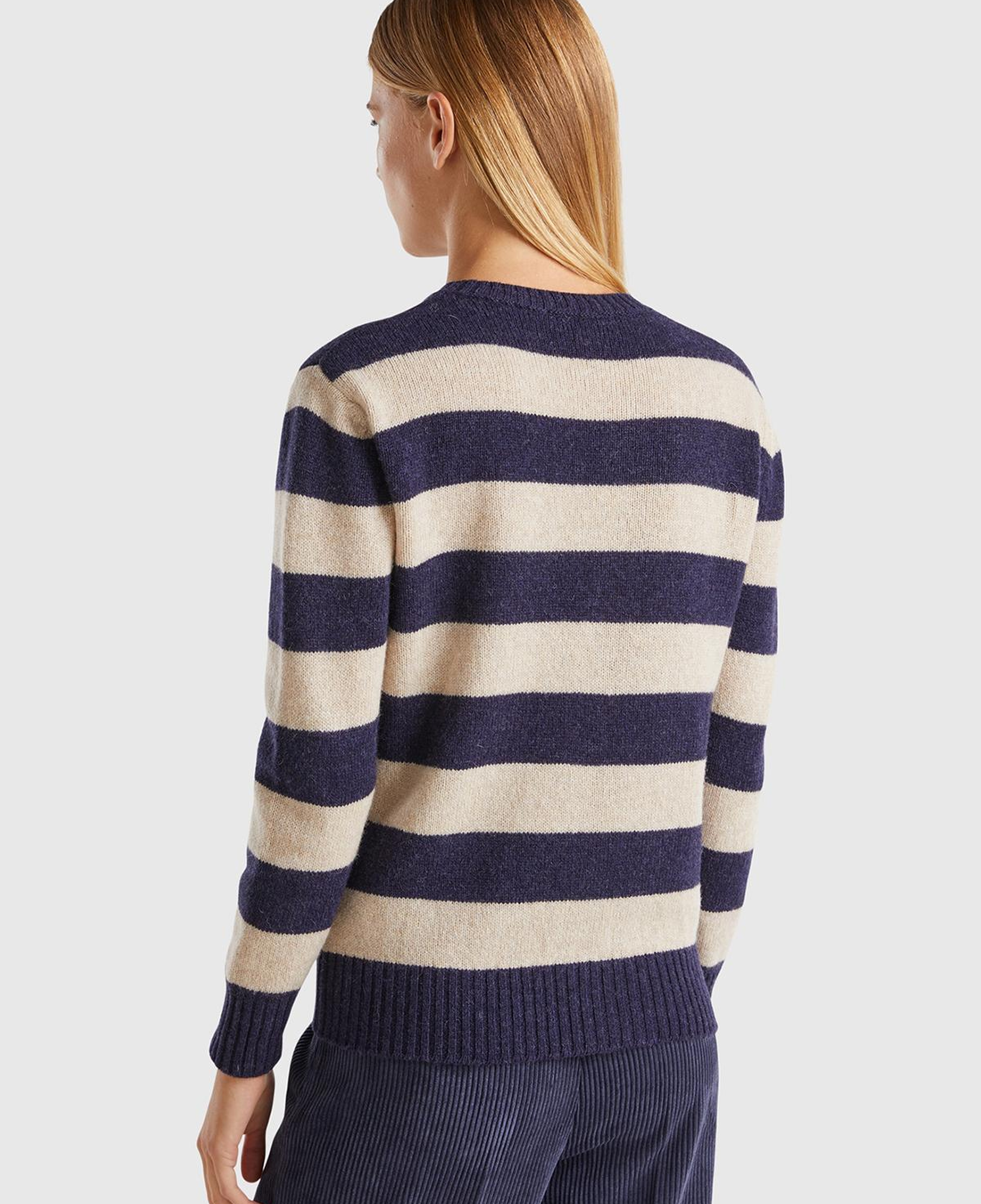 Kadın Lacivert Mix %100 Yün Çizgili Shetland Kazak