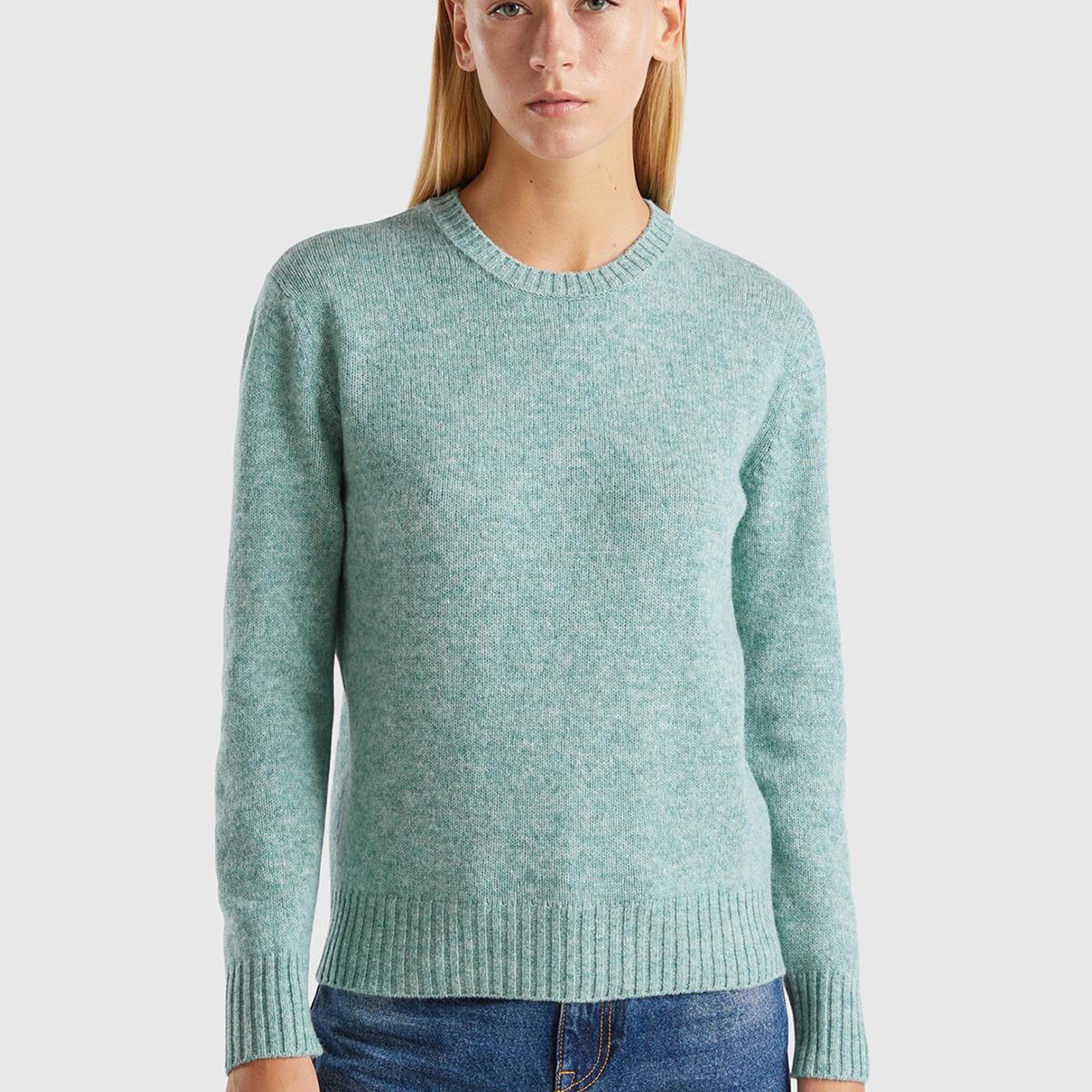 Kadın Turkuaz Melanj Bisiklet Yaka Shetland Kazak