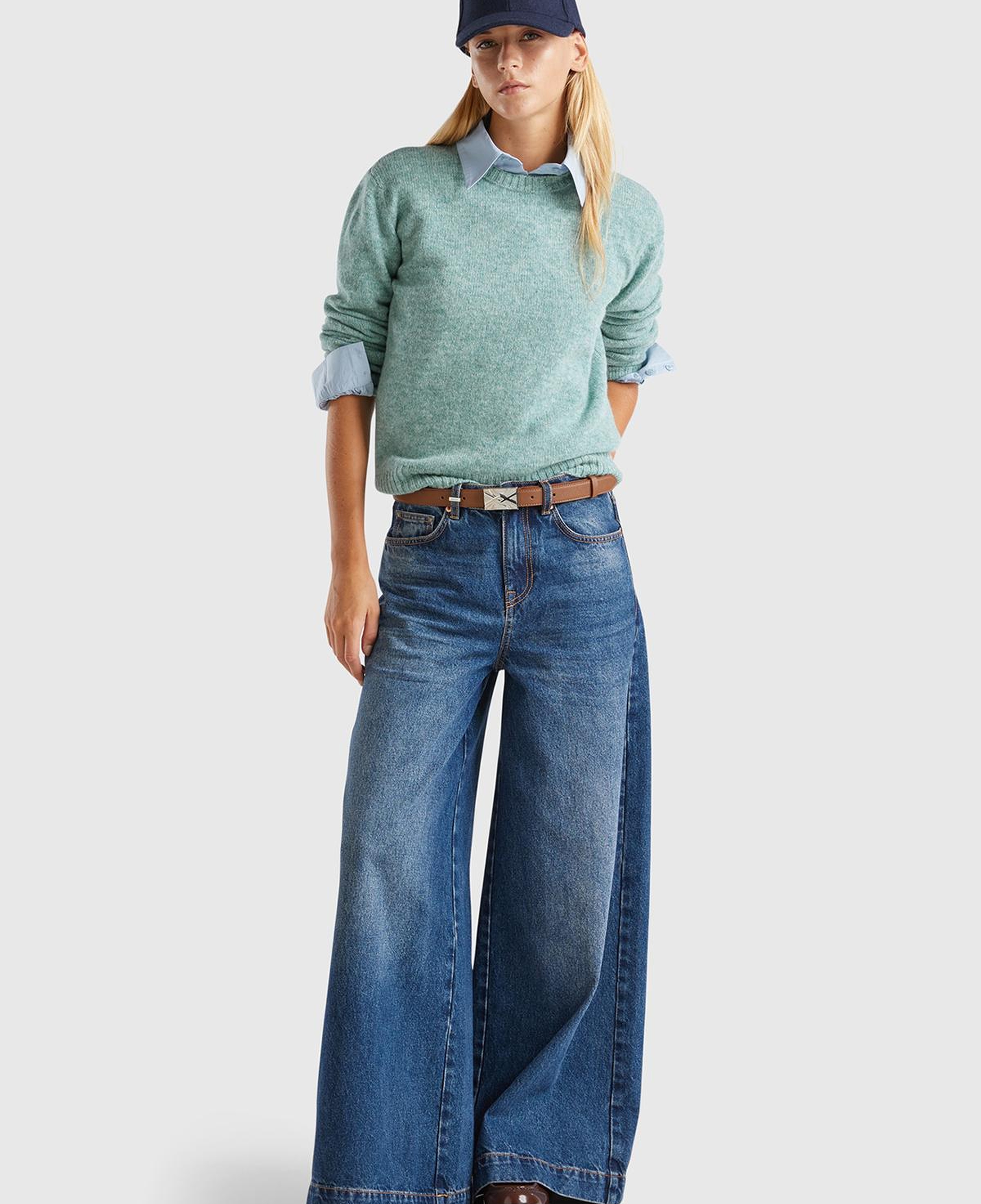 Kadın Turkuaz Melanj Bisiklet Yaka Shetland Kazak