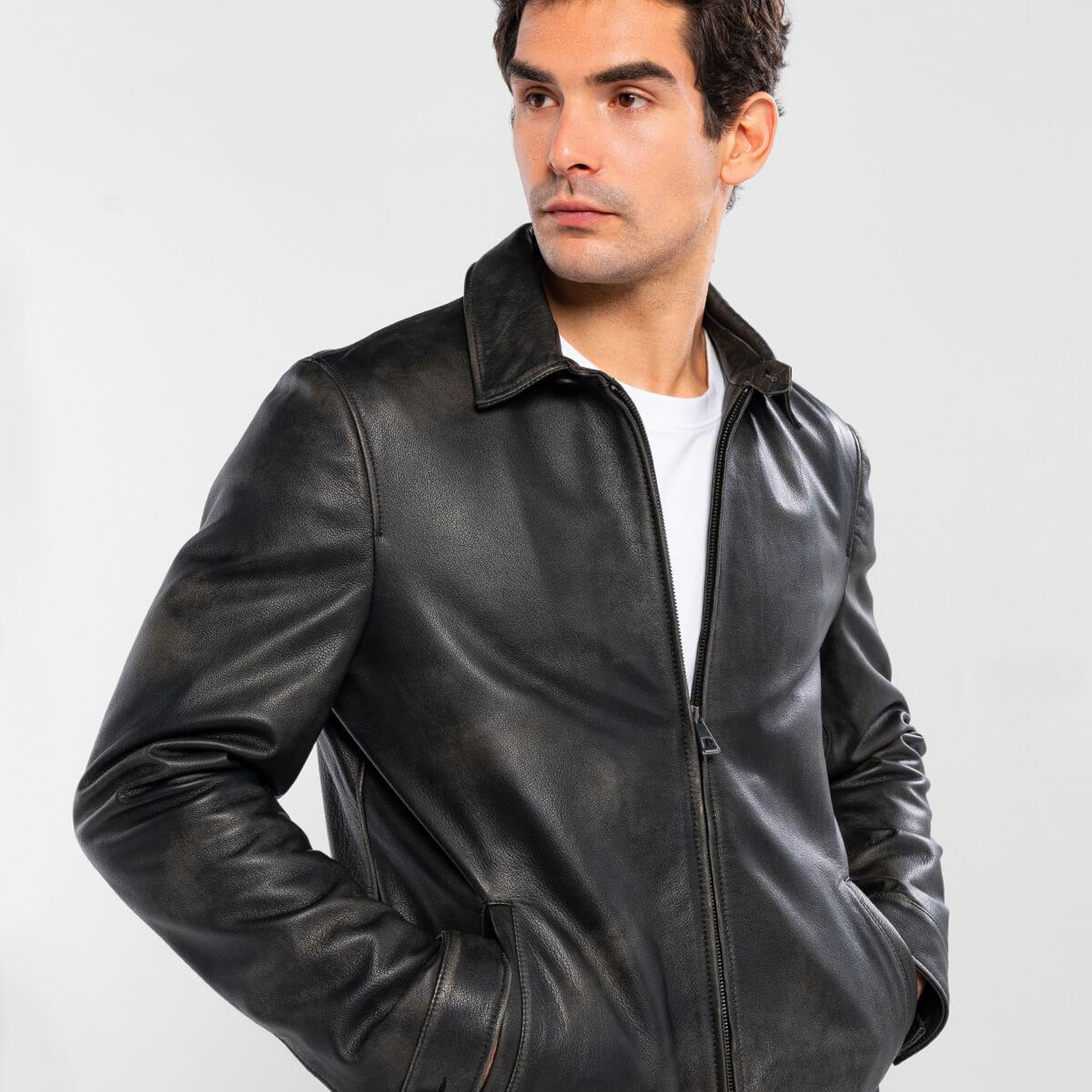 Tamer Tanca Erkek Hakiki Deri Siyah Eskitme Deri Mont