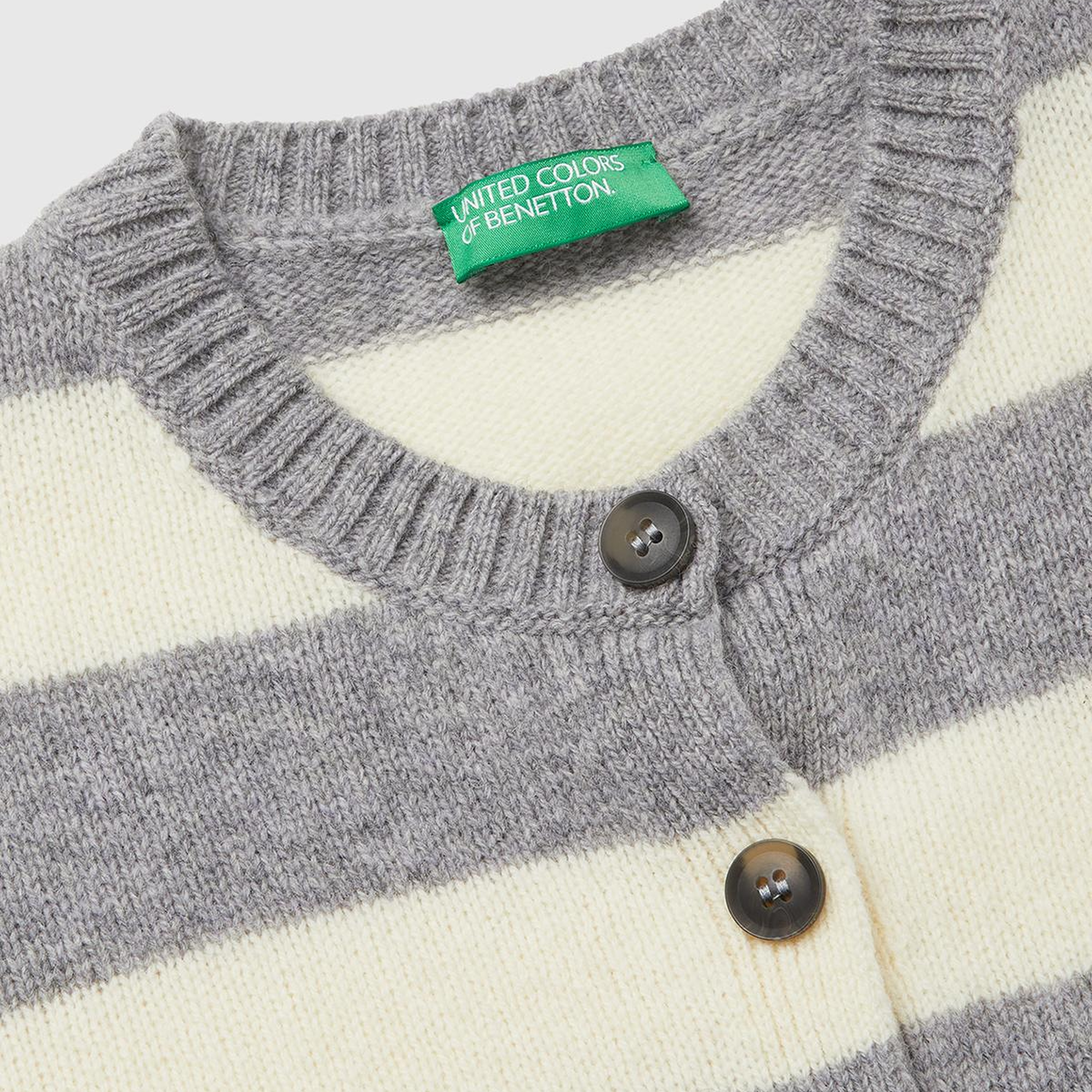 Kadın Gri Melanj %100 Yün Çizgili Shetland Hırka