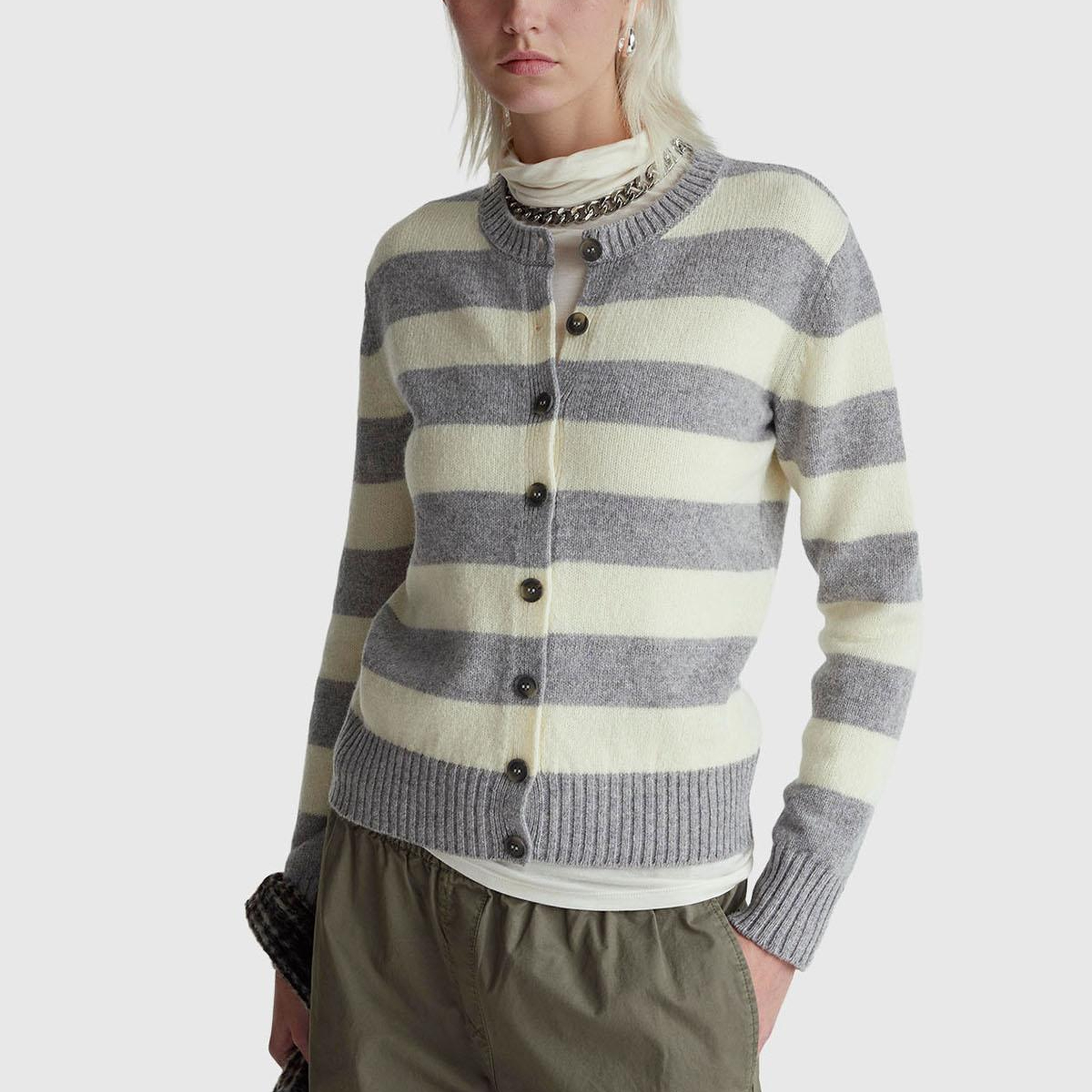 Kadın Gri Melanj %100 Yün Çizgili Shetland Hırka