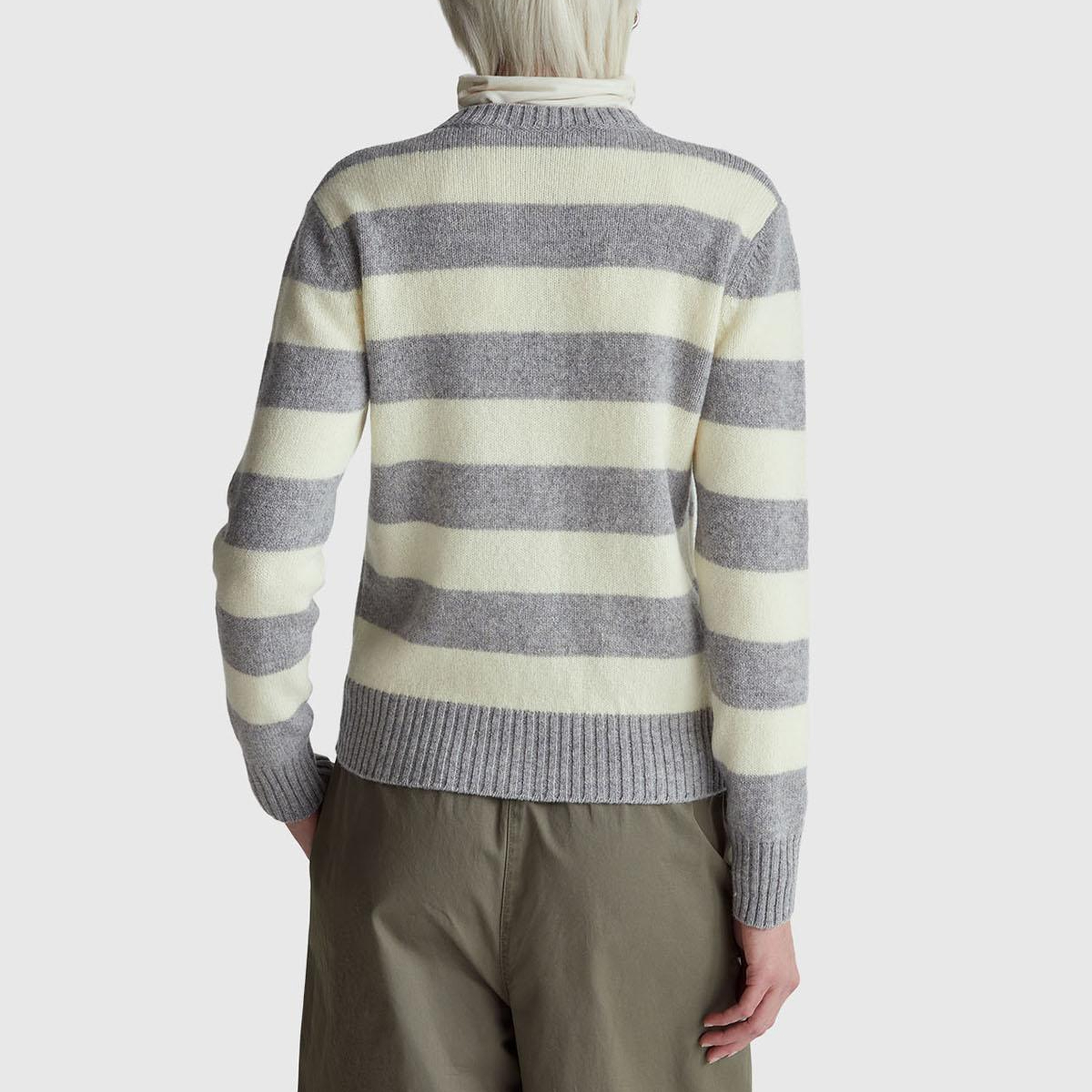 Kadın Gri Melanj %100 Yün Çizgili Shetland Hırka