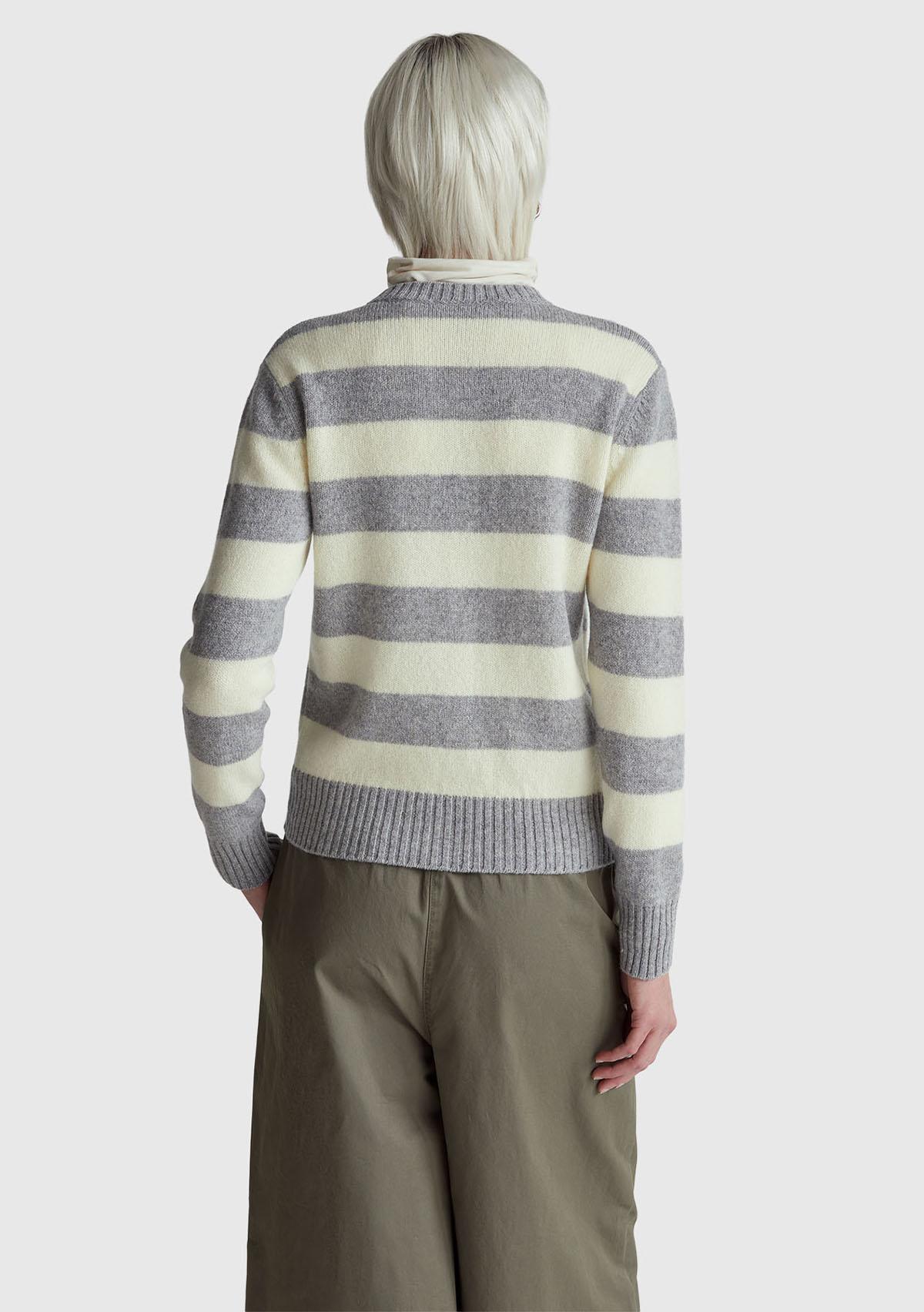 Kadın Gri Melanj %100 Yün Çizgili Shetland Hırka