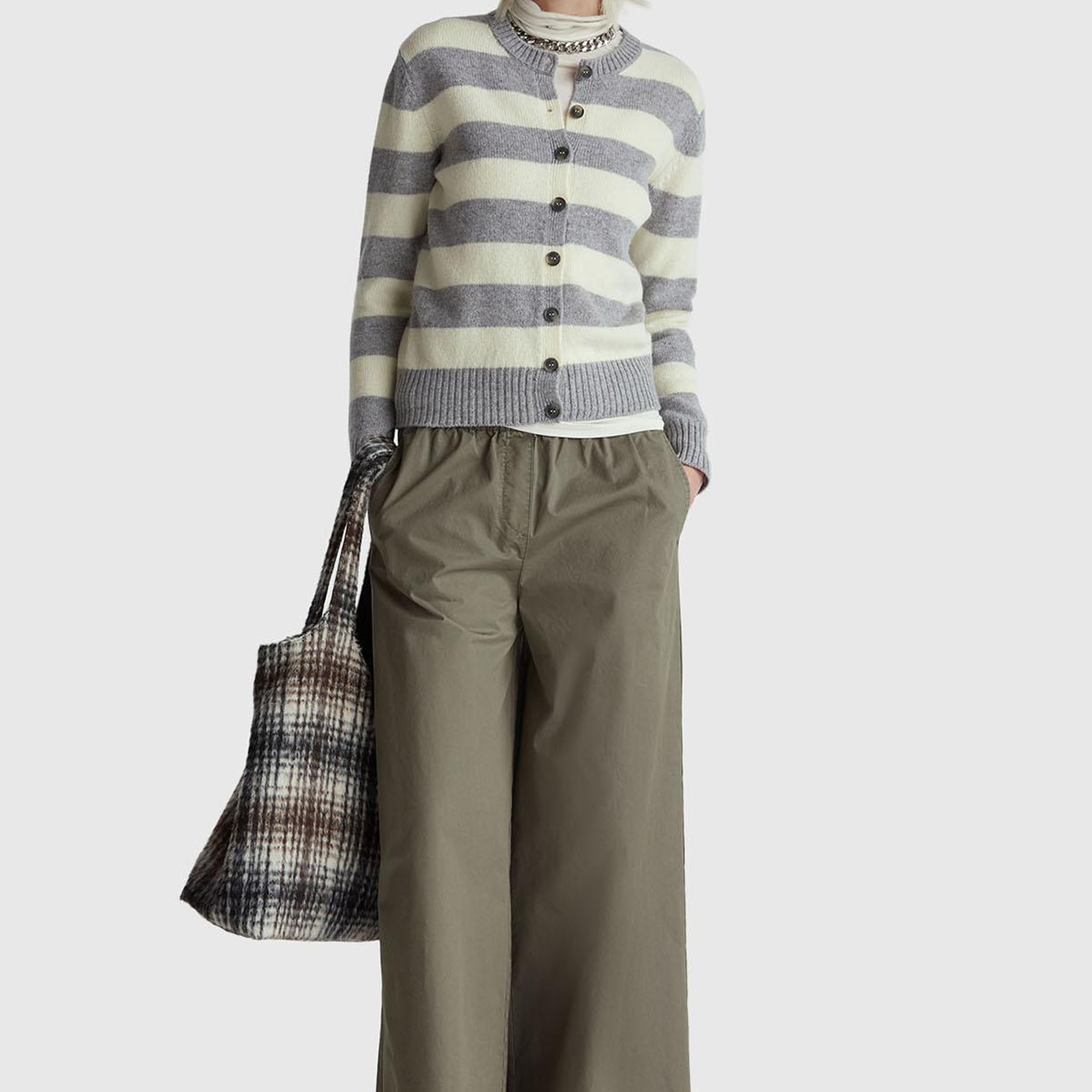 Kadın Gri Melanj %100 Yün Çizgili Shetland Hırka