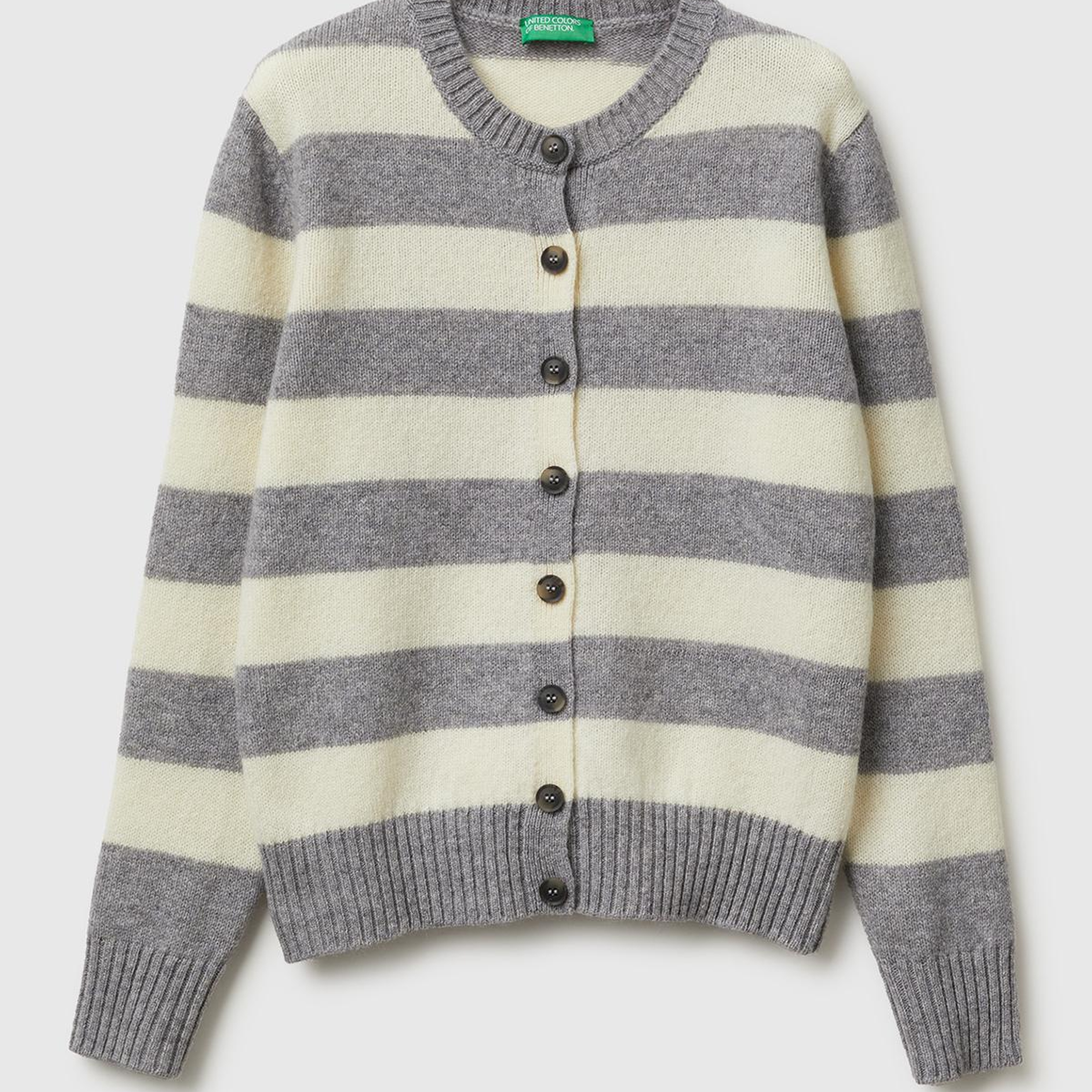 Kadın Gri Melanj %100 Yün Çizgili Shetland Hırka