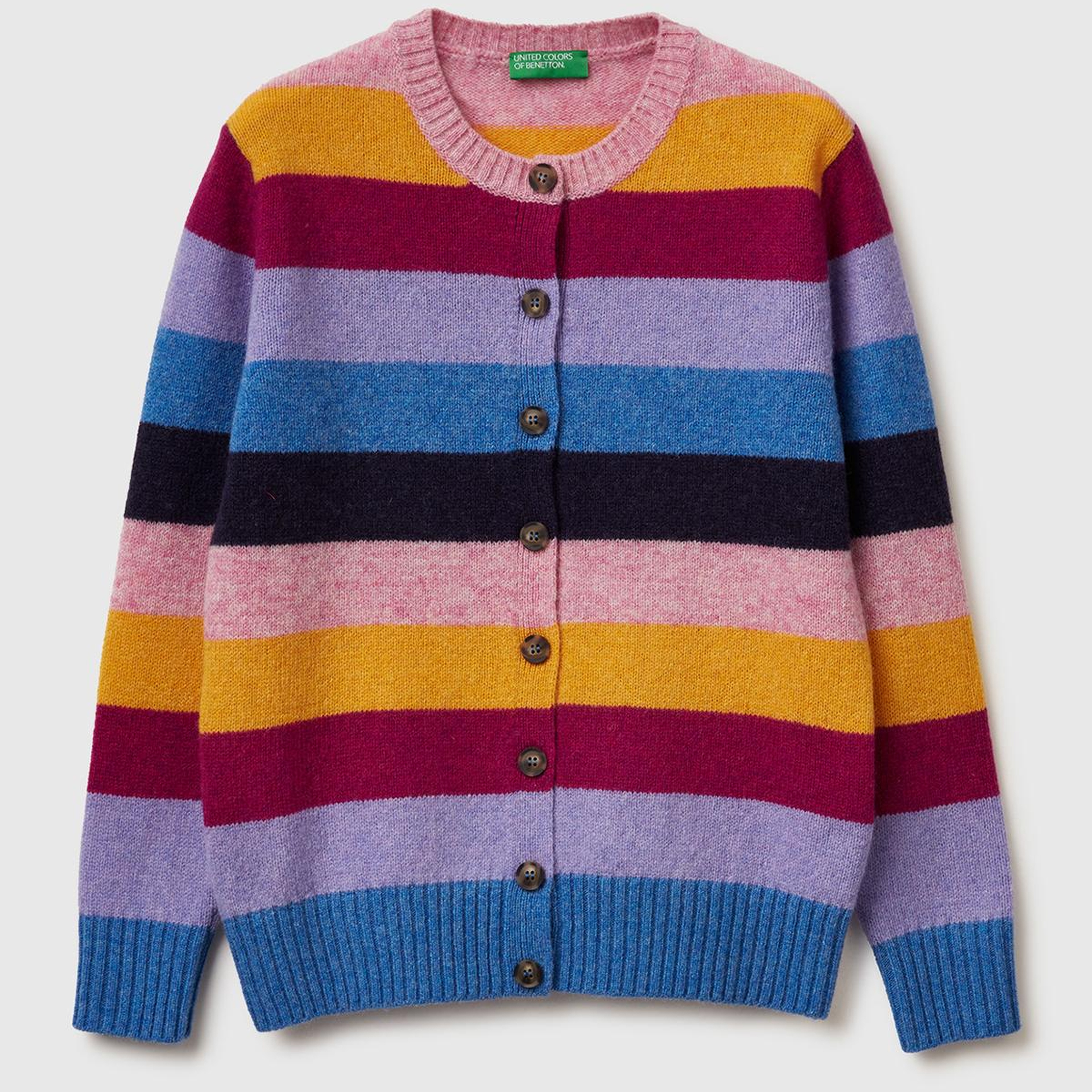 Kadın Çok Renkli %100 Yün Çizgili Shetland Hırka