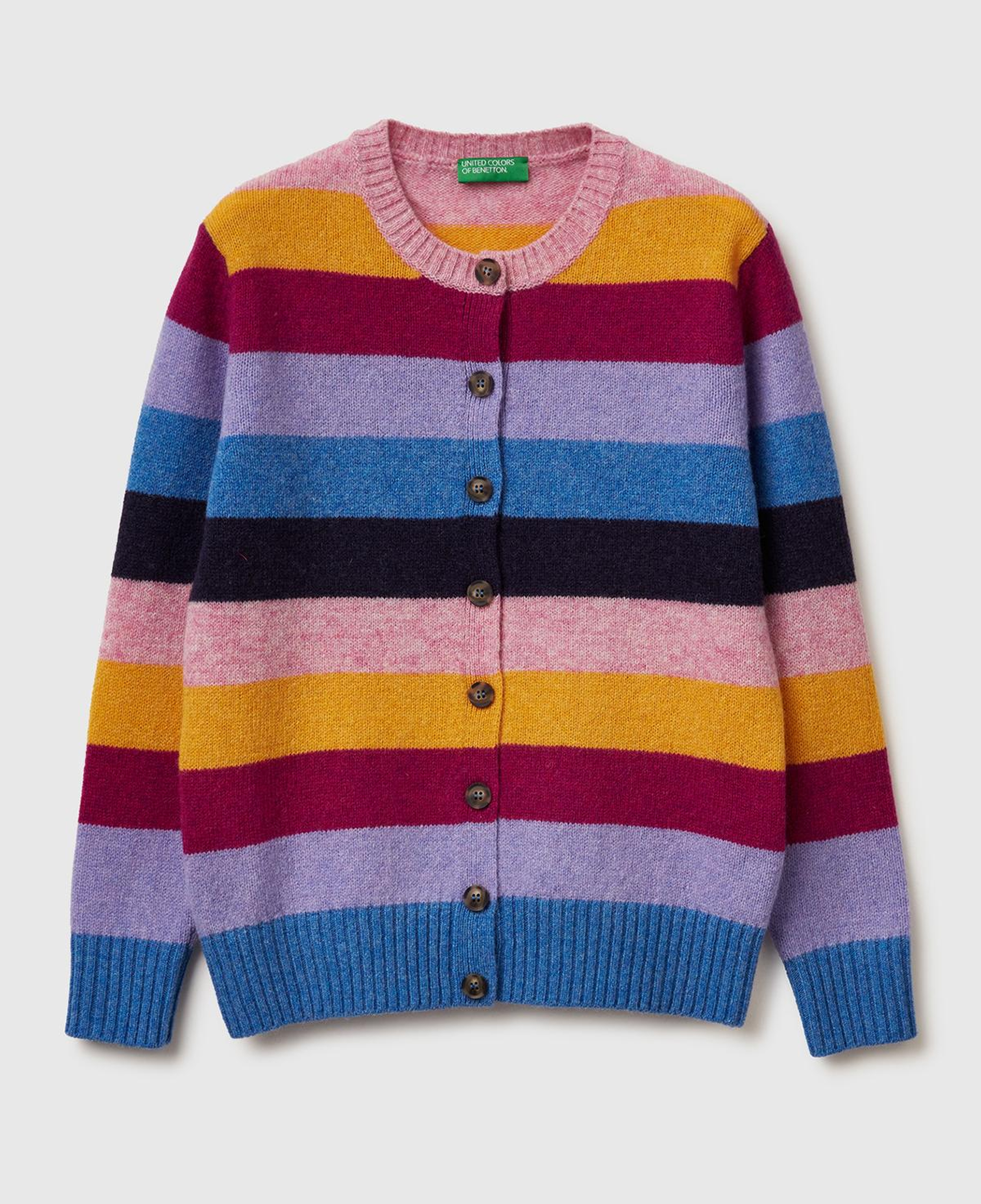 Kadın Çok Renkli %100 Yün Çizgili Shetland Hırka